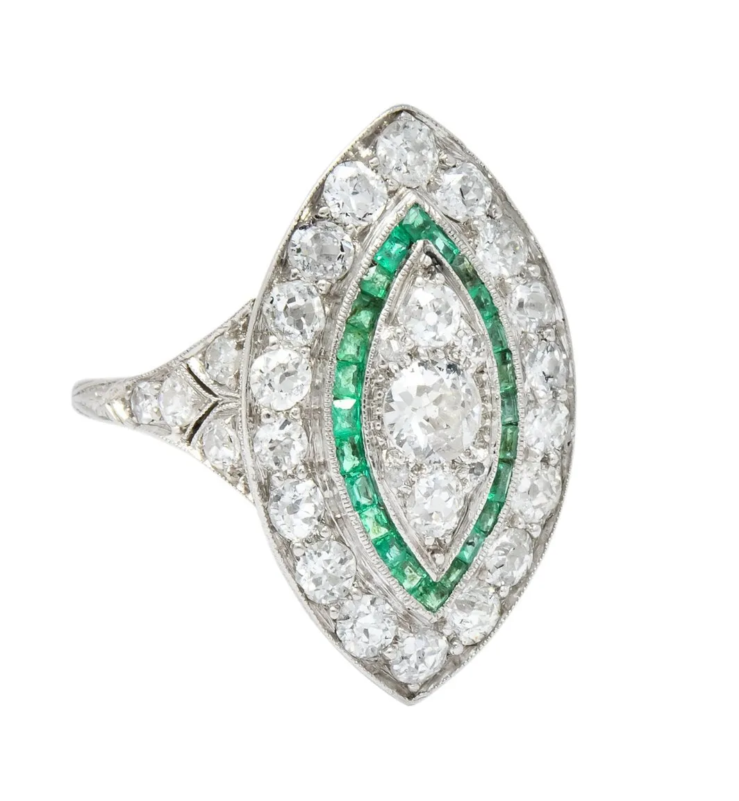 Circa 1915 Edwardian 2.95 CTW Diamond Emerald Platinum Dinner Ring