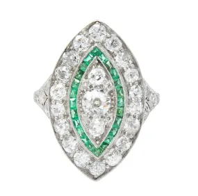 Circa 1915 Edwardian 2.95 CTW Diamond Emerald Platinum Dinner Ring