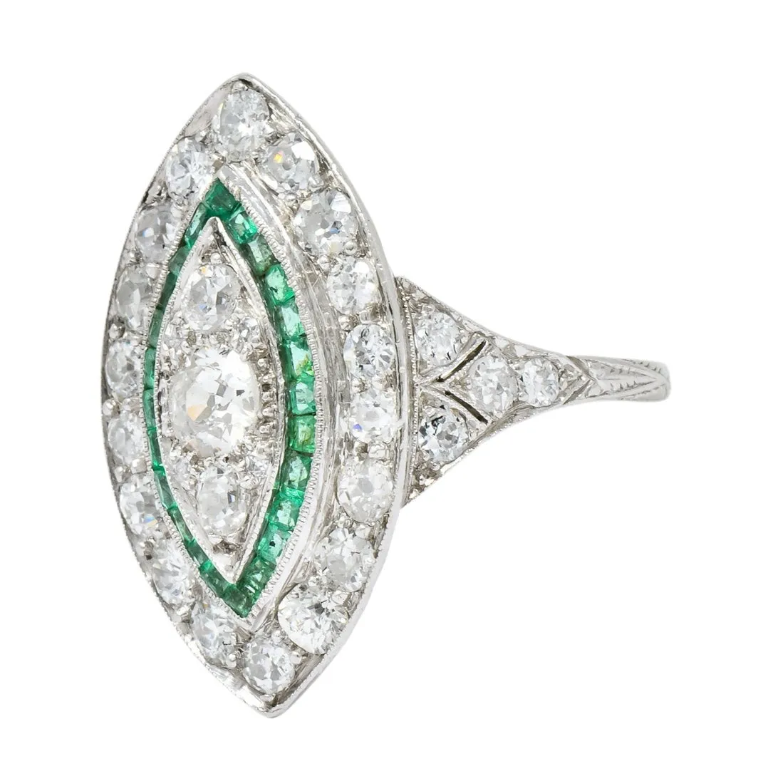 Circa 1915 Edwardian 2.95 CTW Diamond Emerald Platinum Dinner Ring