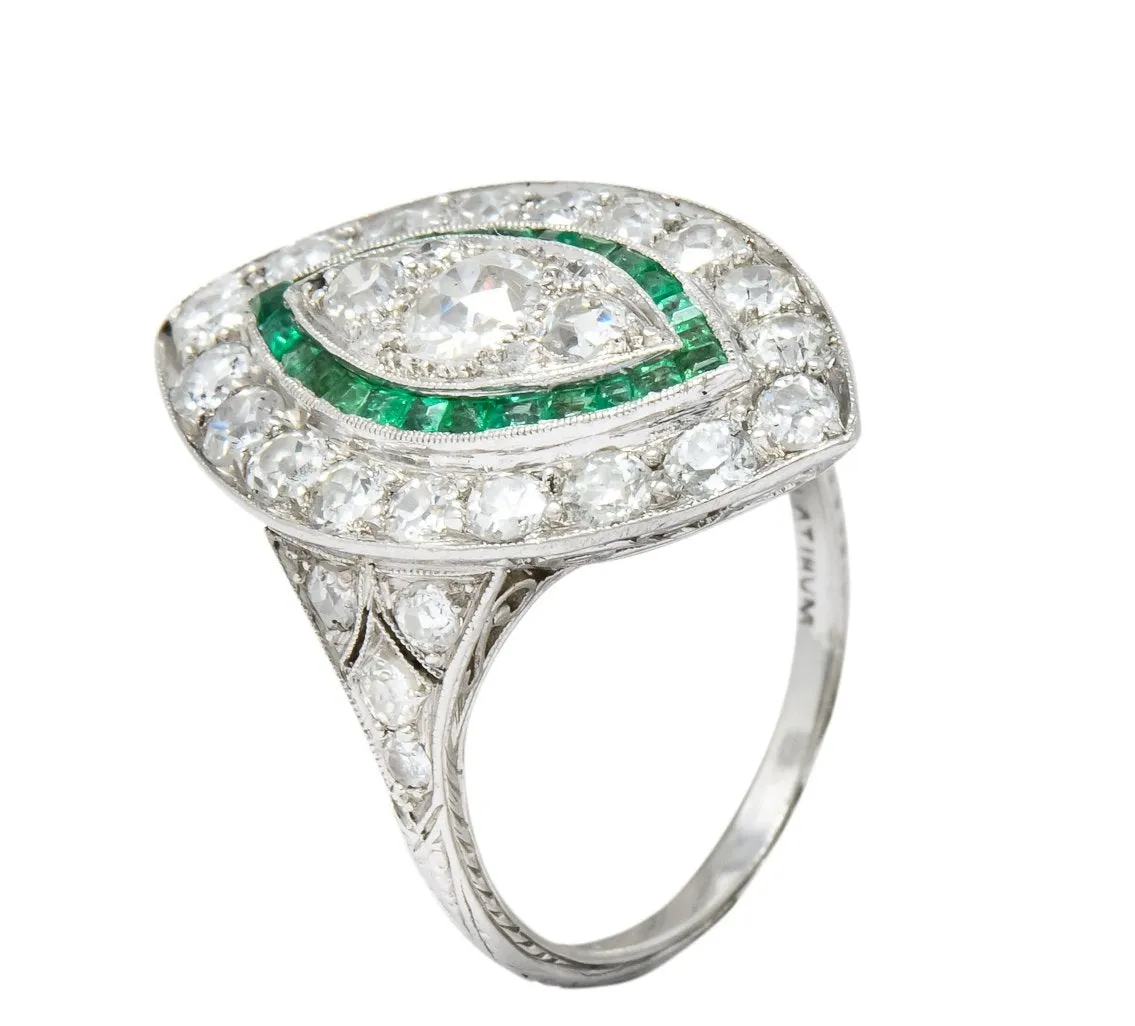 Circa 1915 Edwardian 2.95 CTW Diamond Emerald Platinum Dinner Ring