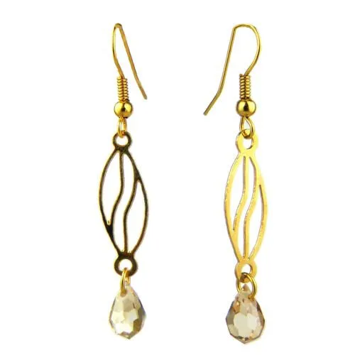 Coffee Drop Gold Plated Open Fretwork Earrings Crystal Dangle Orit Grader 816G