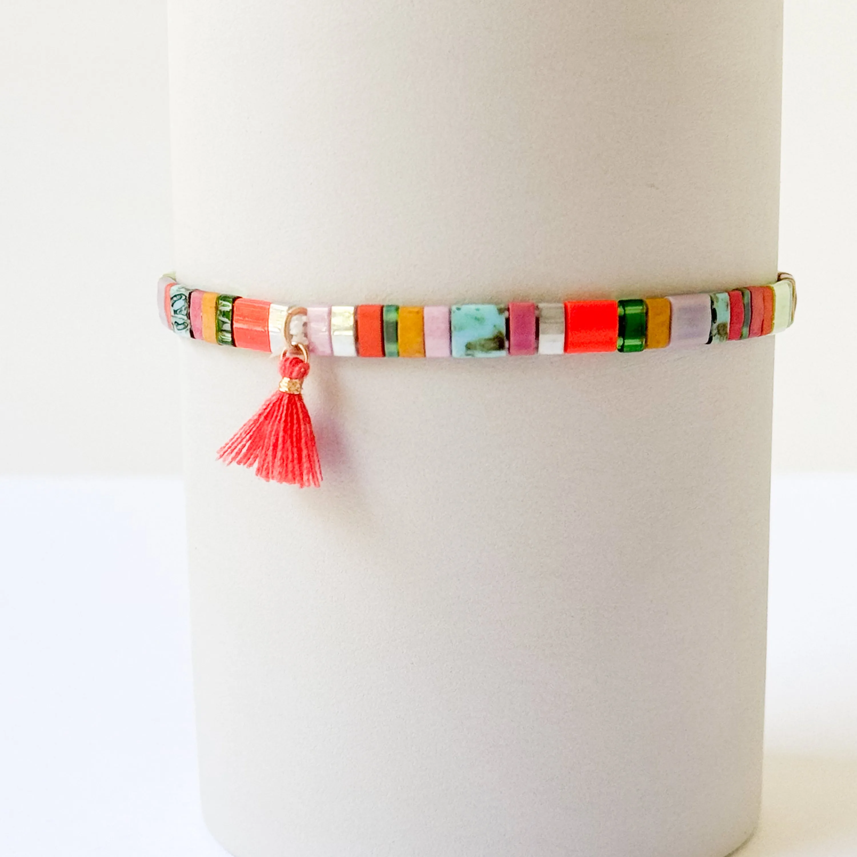 Colorful Tile Bead Bracelet With Tassel