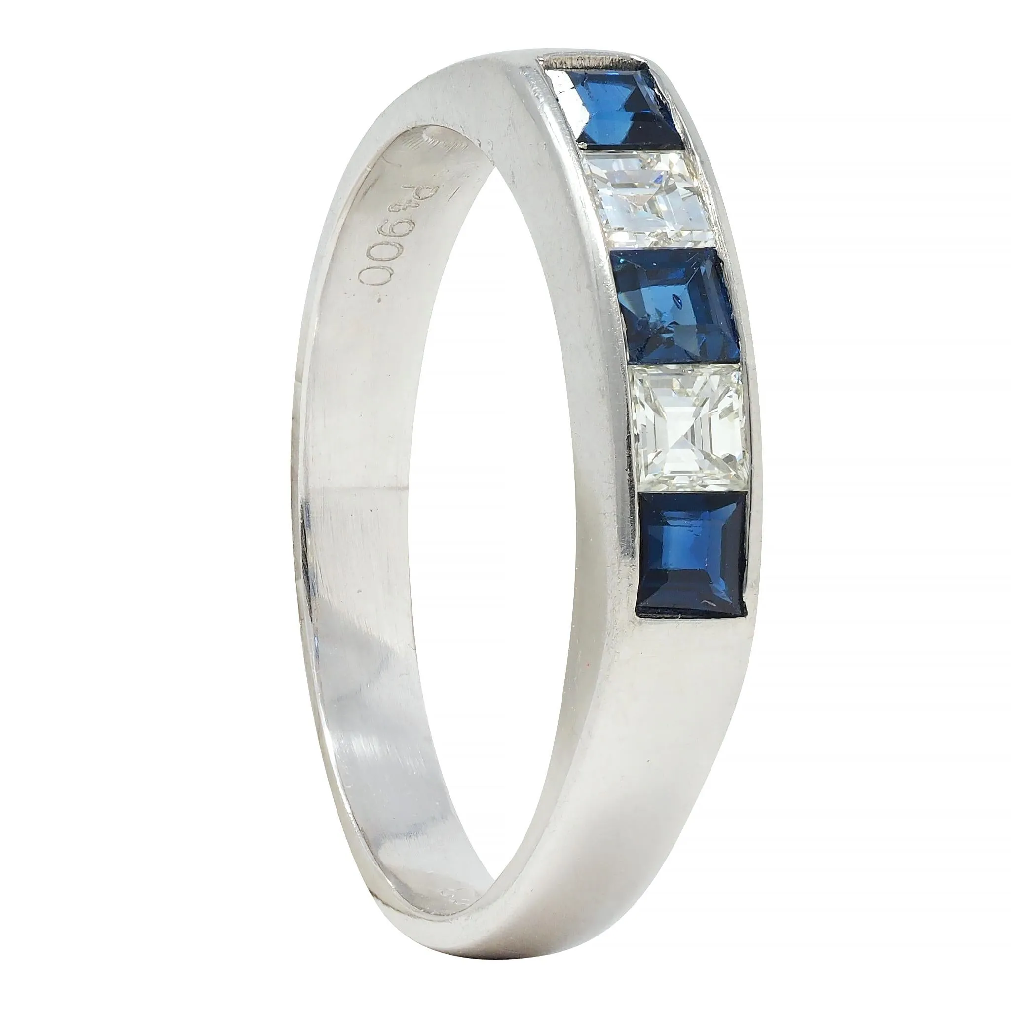 Contemporary 0.63 CTW Sapphire Diamond Square Step Cut Platinum Band Ring