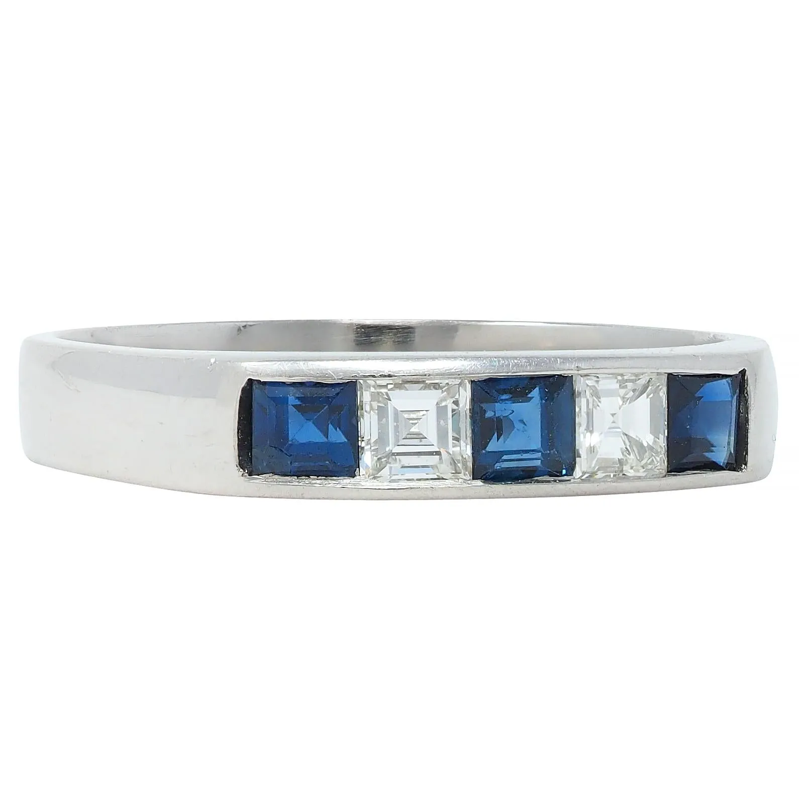 Contemporary 0.63 CTW Sapphire Diamond Square Step Cut Platinum Band Ring