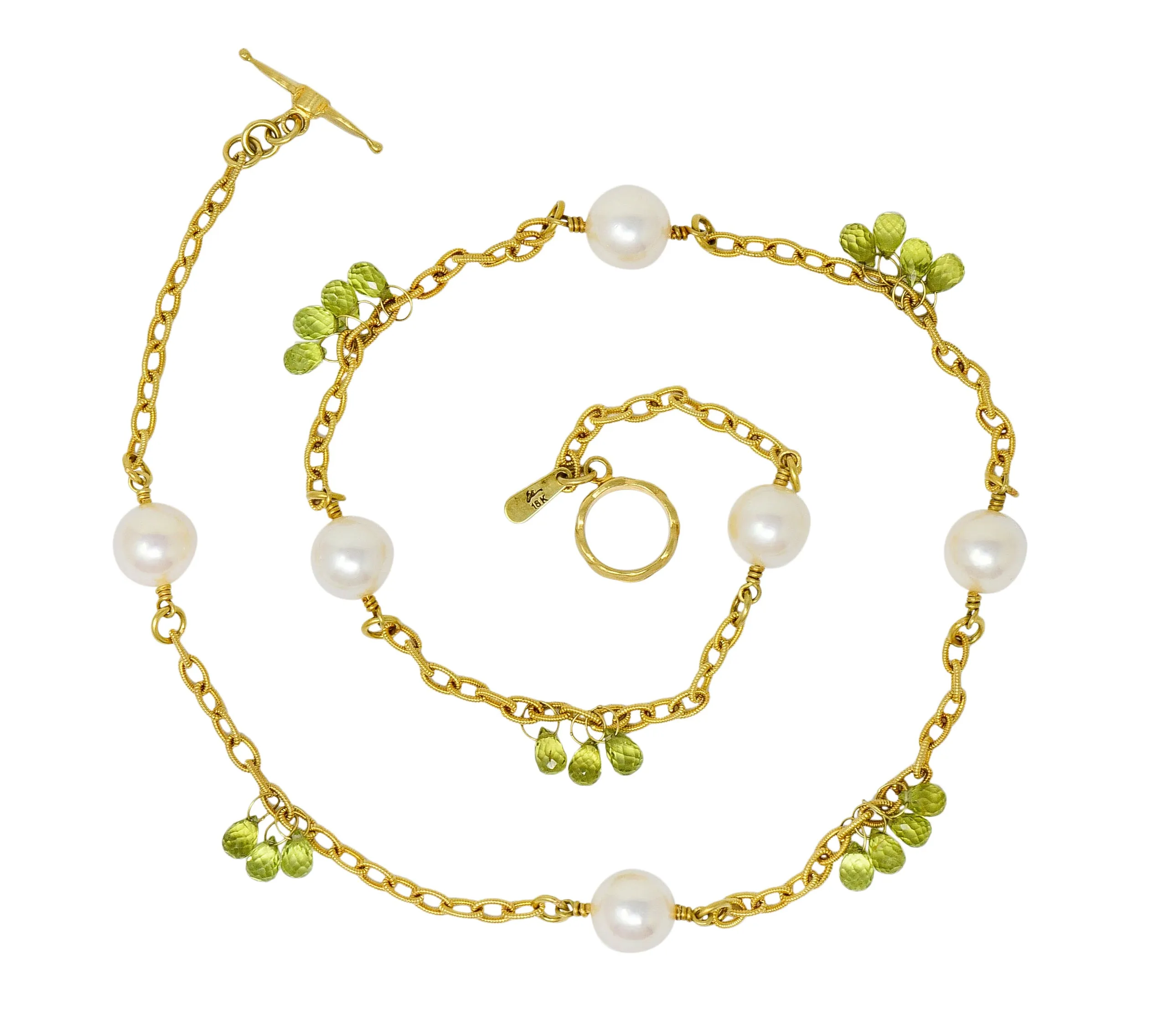 Contemporary Cultured Pearl Peridot 18 Karat Gold Station Necklace