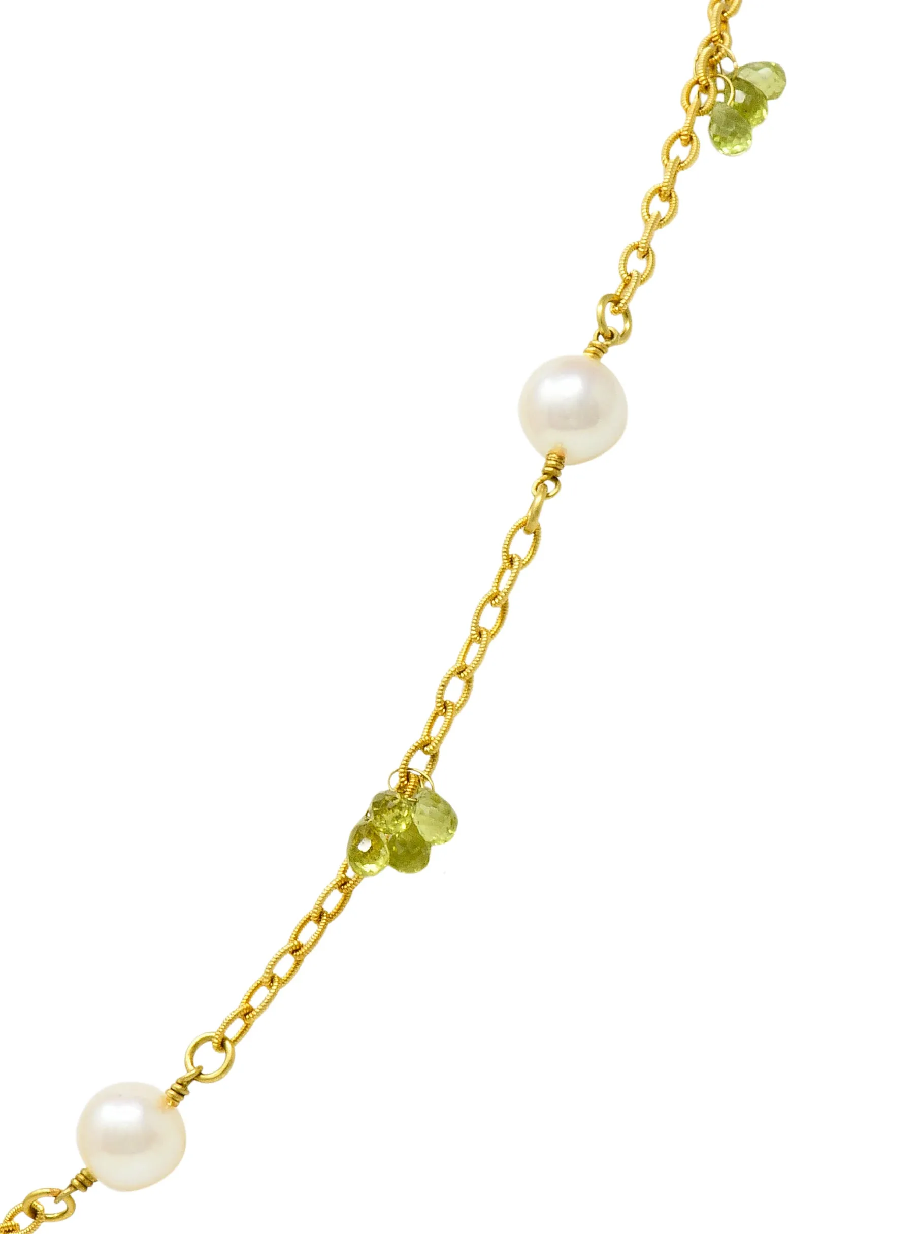 Contemporary Cultured Pearl Peridot 18 Karat Gold Station Necklace