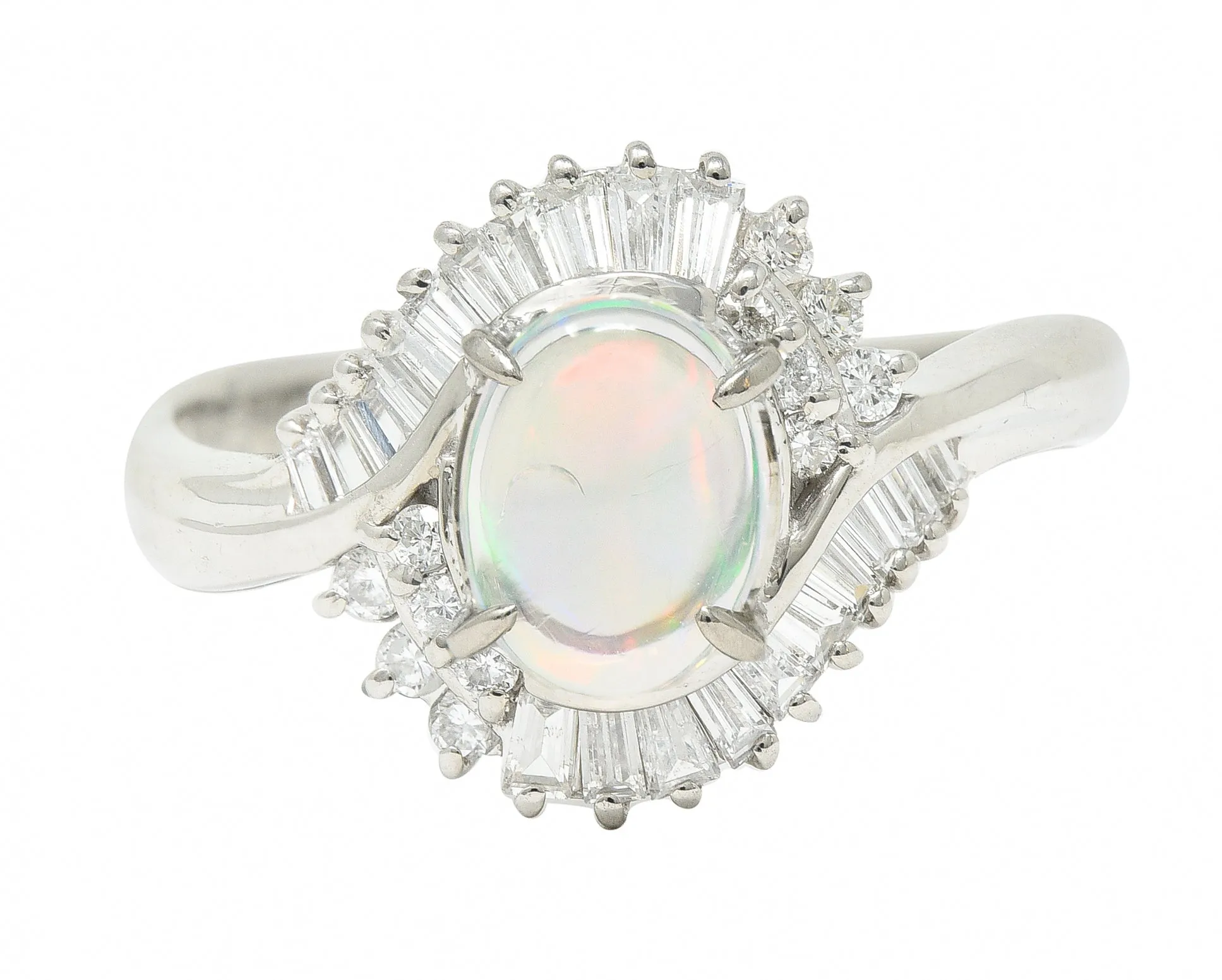 Contemporary Diamond Jelly Opal Platinum Swirl Bypass Cluster Ring