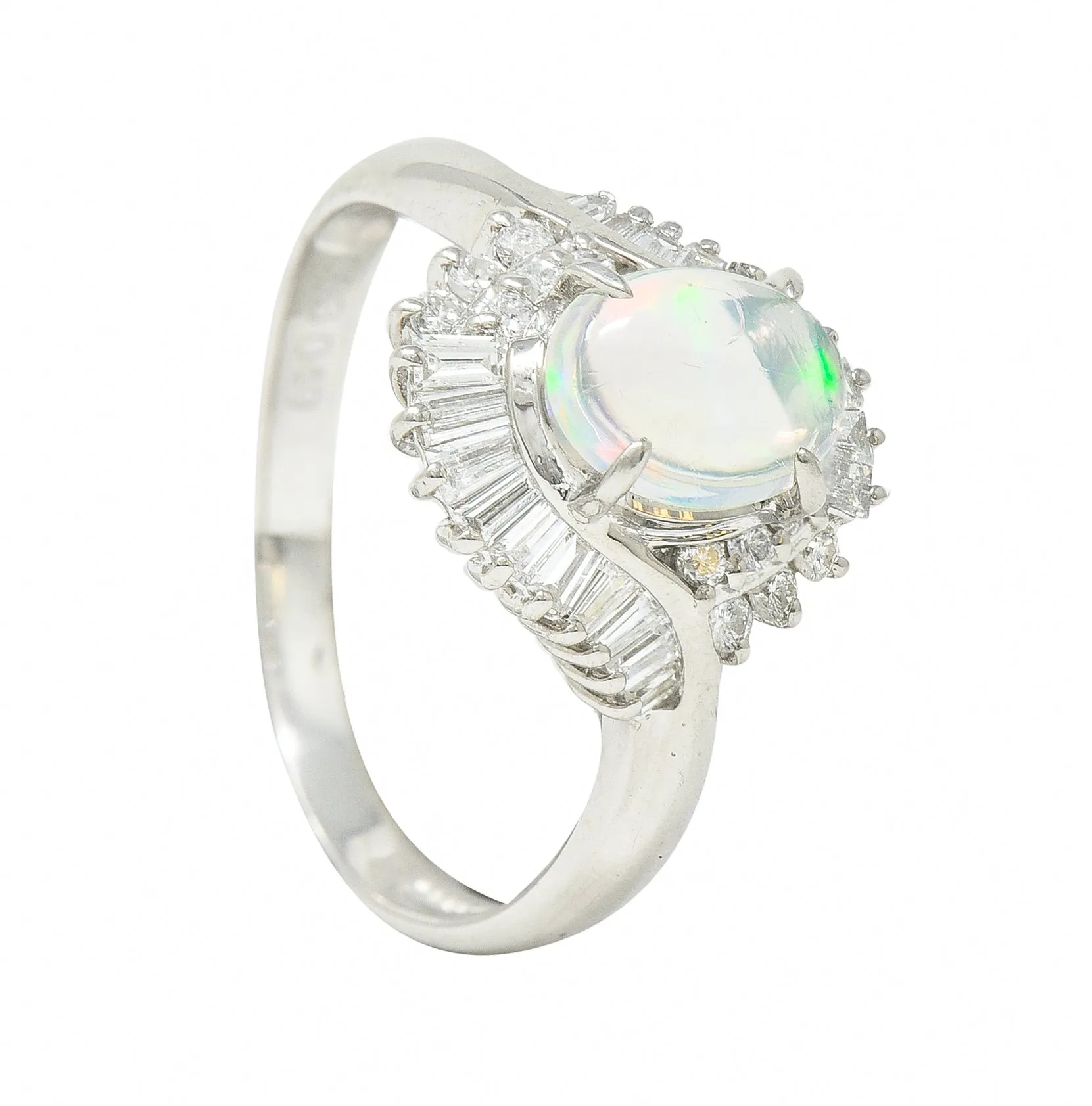 Contemporary Diamond Jelly Opal Platinum Swirl Bypass Cluster Ring