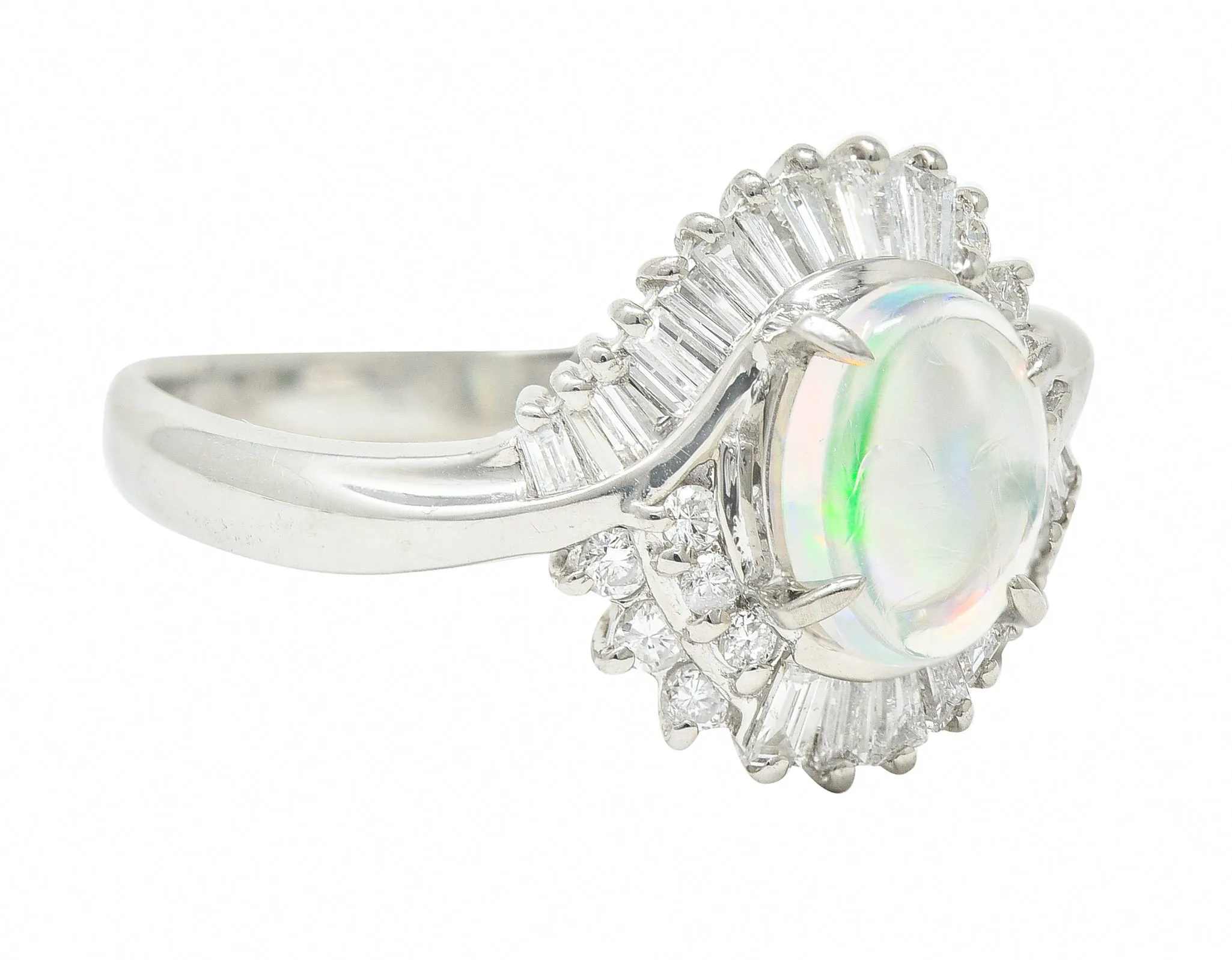 Contemporary Diamond Jelly Opal Platinum Swirl Bypass Cluster Ring