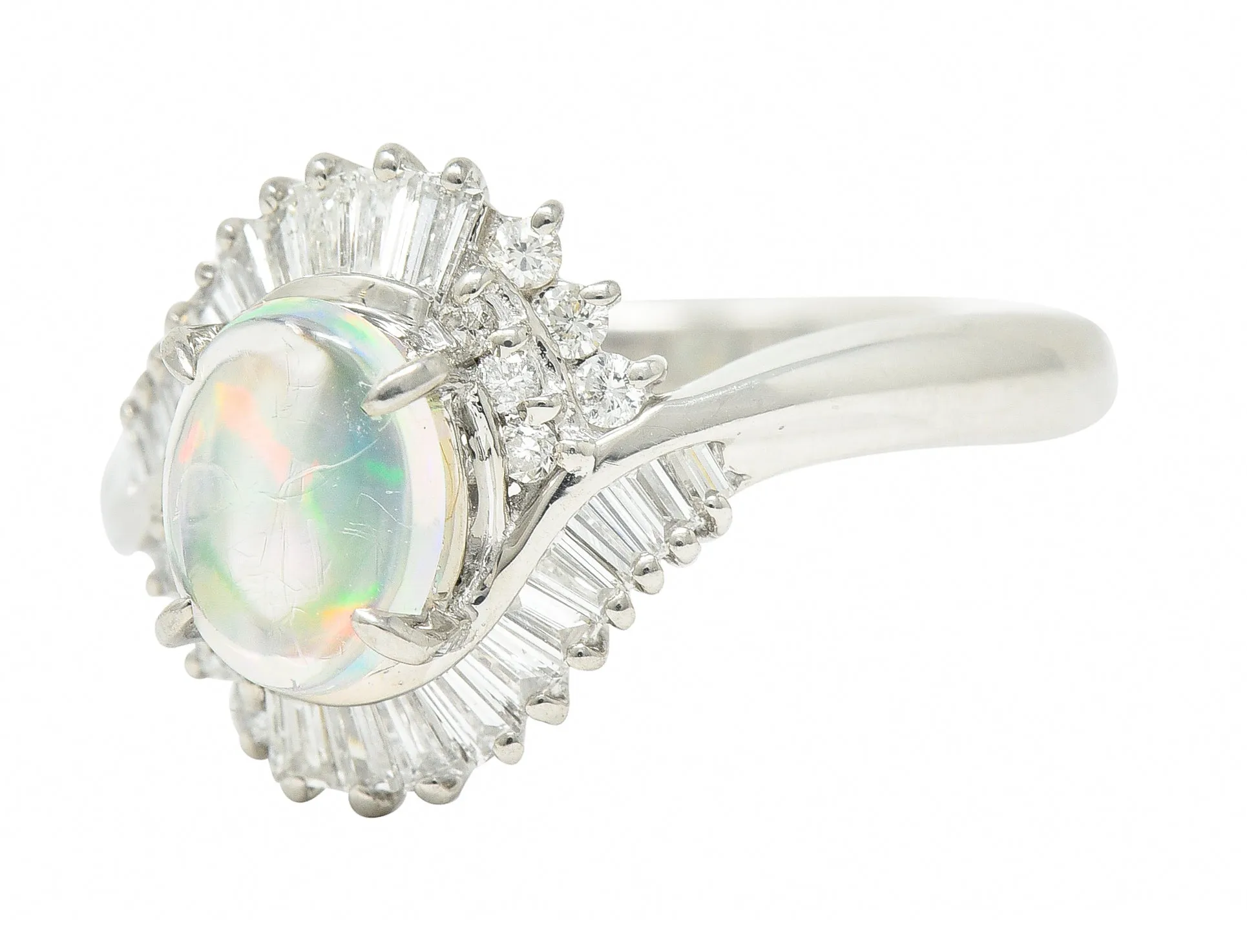 Contemporary Diamond Jelly Opal Platinum Swirl Bypass Cluster Ring