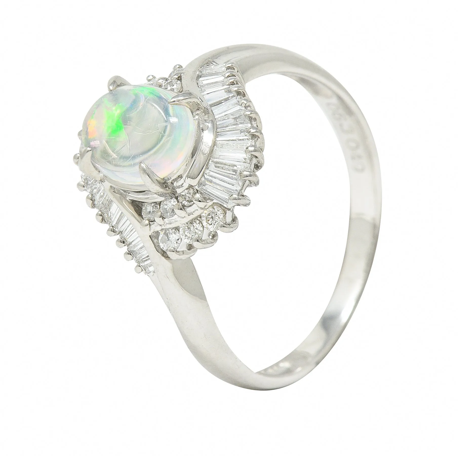 Contemporary Diamond Jelly Opal Platinum Swirl Bypass Cluster Ring