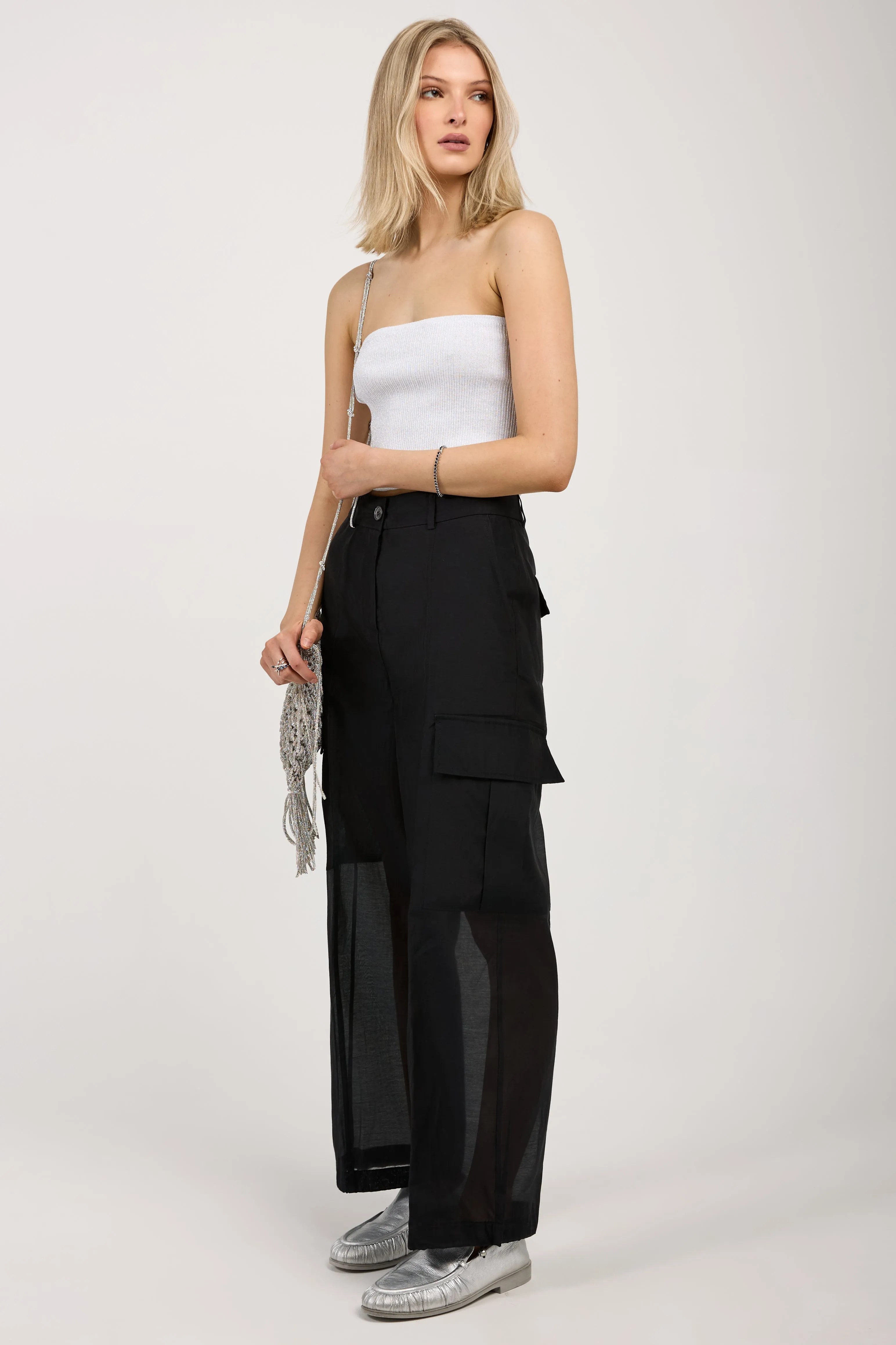 Cotton Silk Organza Cargo Pant in Black