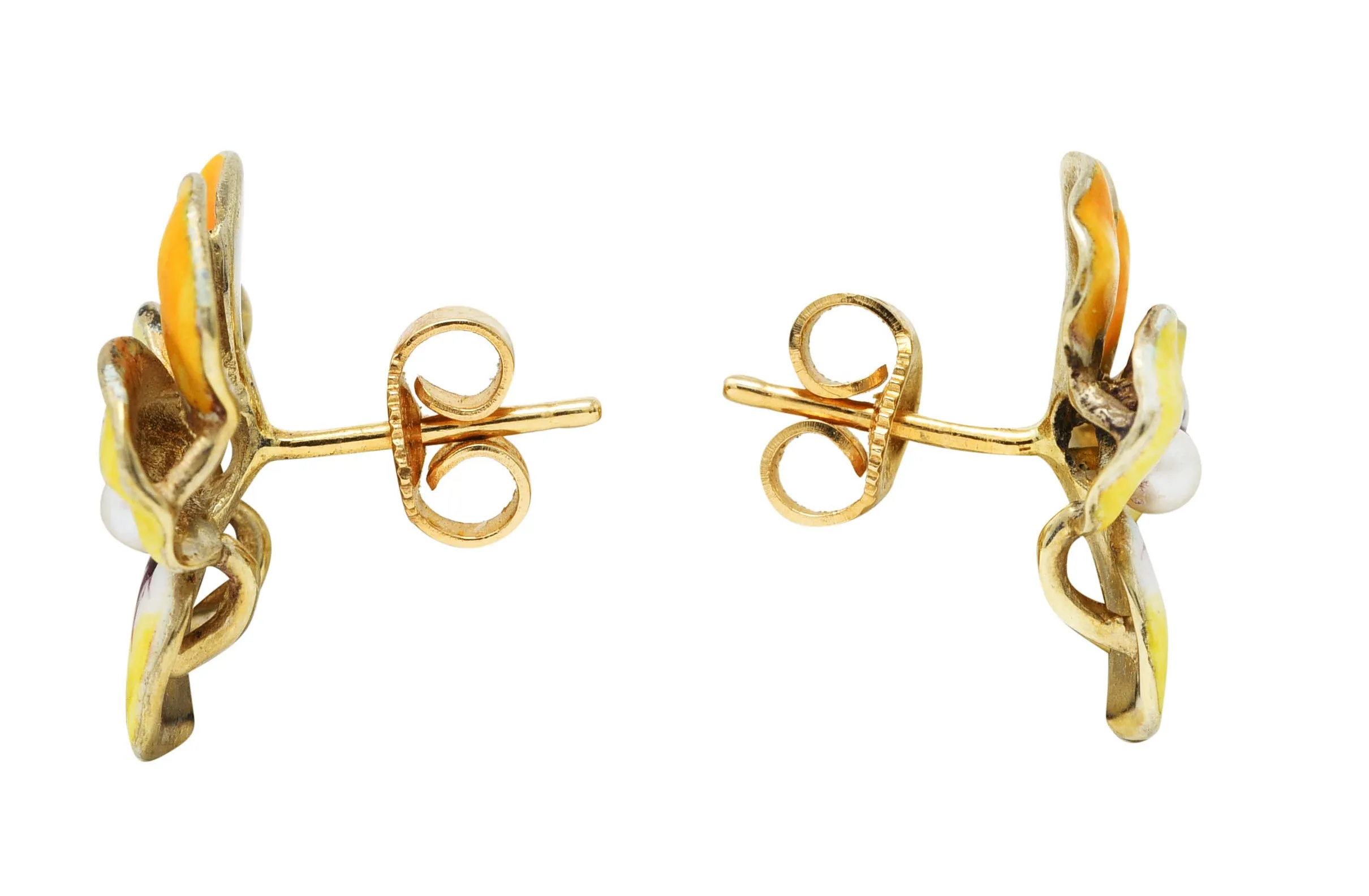 Crane & Theurer Art Nouveau Pearl Enamel 14 Karat Yellow Gold Pansy Flower Antique Earrings