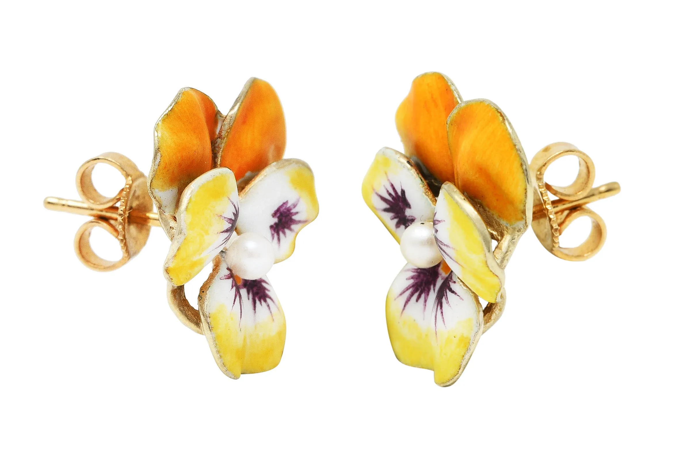 Crane & Theurer Art Nouveau Pearl Enamel 14 Karat Yellow Gold Pansy Flower Antique Earrings