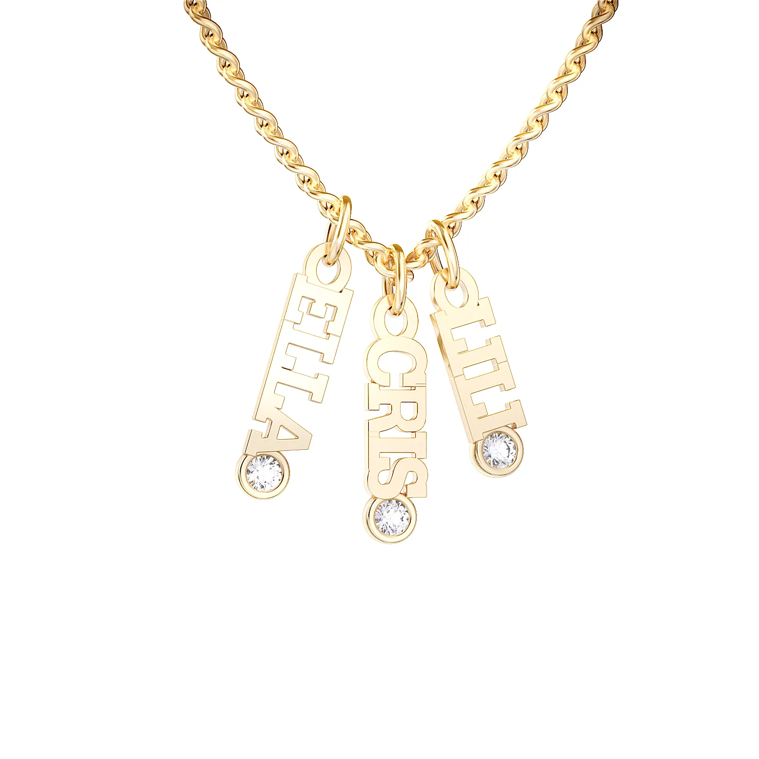 Custom Personalized Vertical Name Necklace with 3 inscriptions, 18 characters, 3 natural diamonds