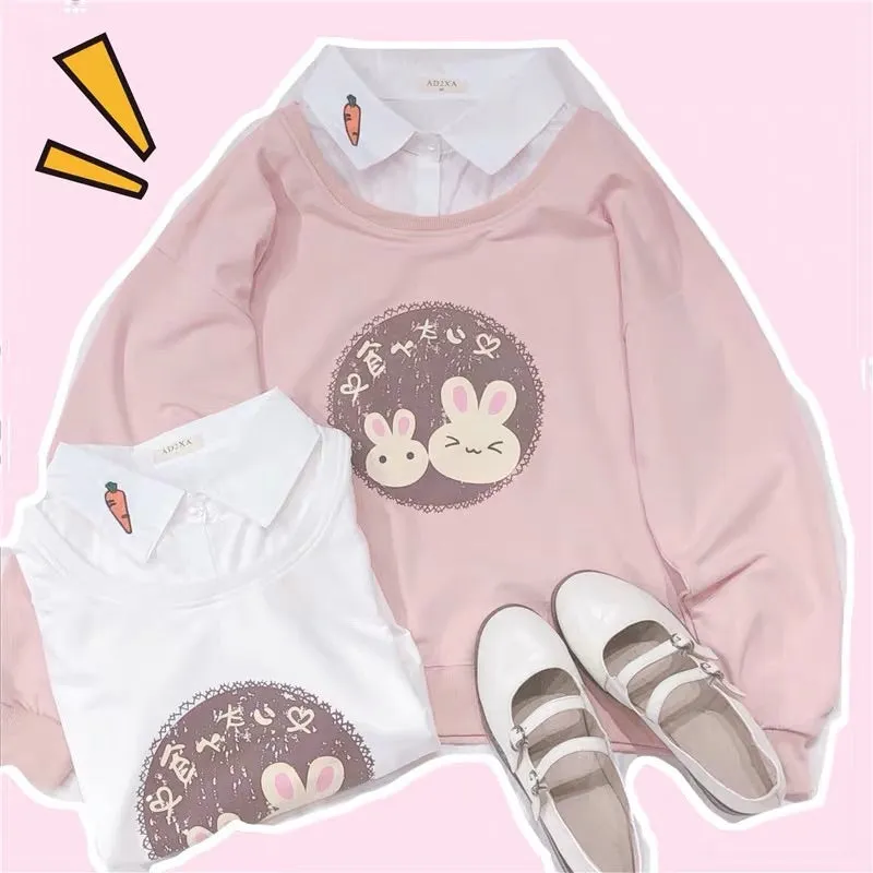 CUTE BUNNY BESTIE FAKE TWO-PIECES SWEATSHIRT BY30706