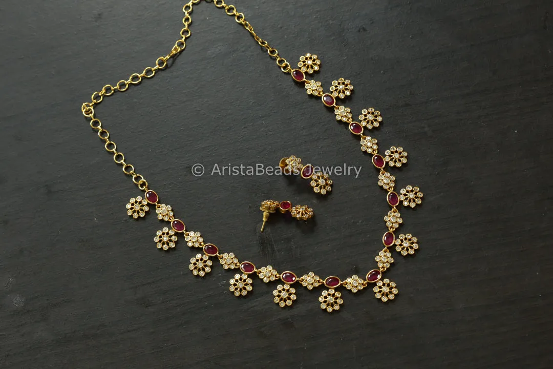 Dainty Clear Ruby CZ Necklace Set