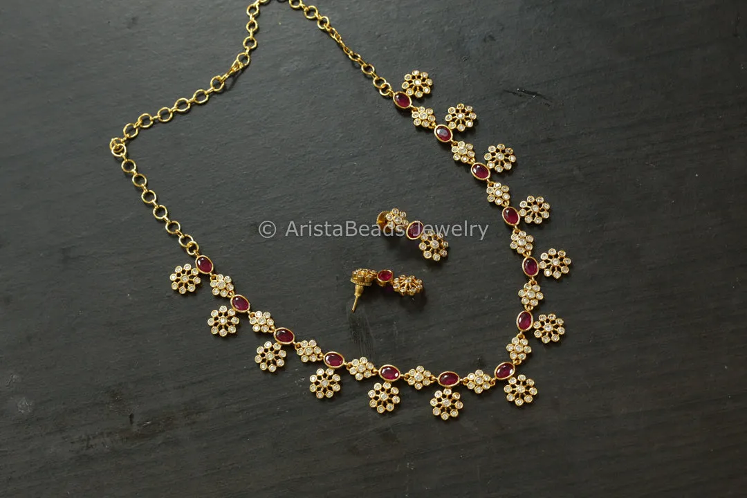 Dainty Clear Ruby CZ Necklace Set