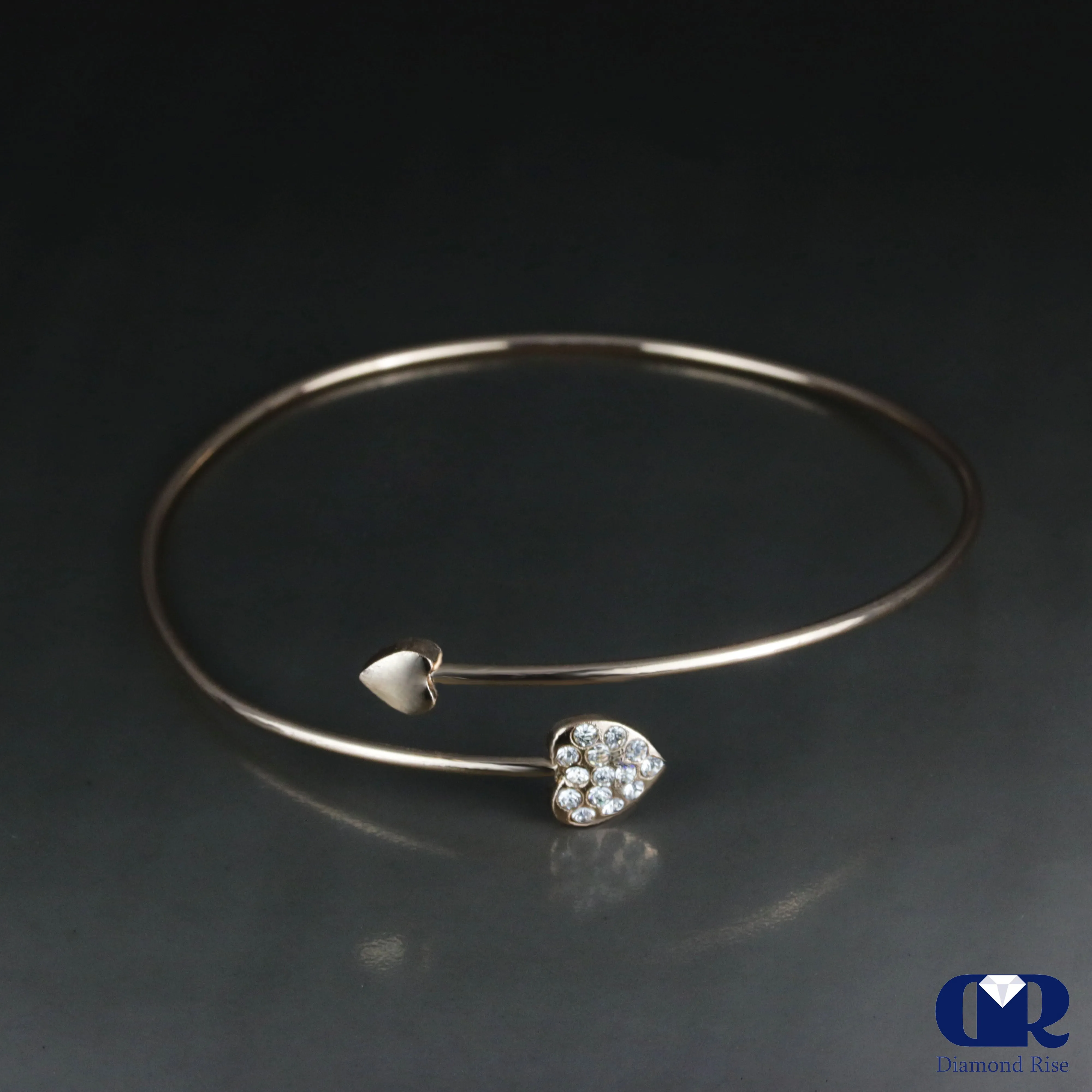 Diamonds Open Heart Shaped Bangle In 14K Solid Gold