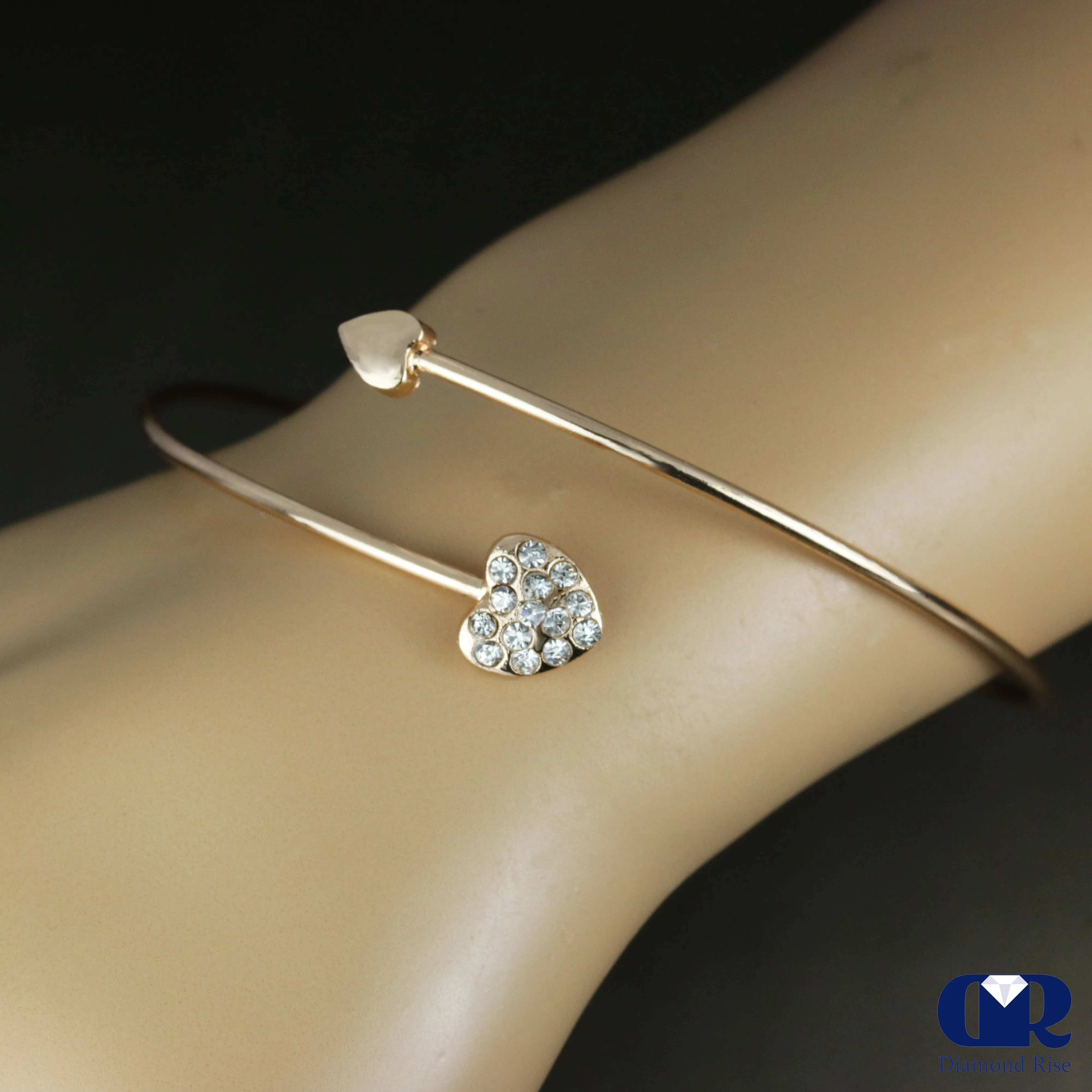 Diamonds Open Heart Shaped Bangle In 14K Solid Gold