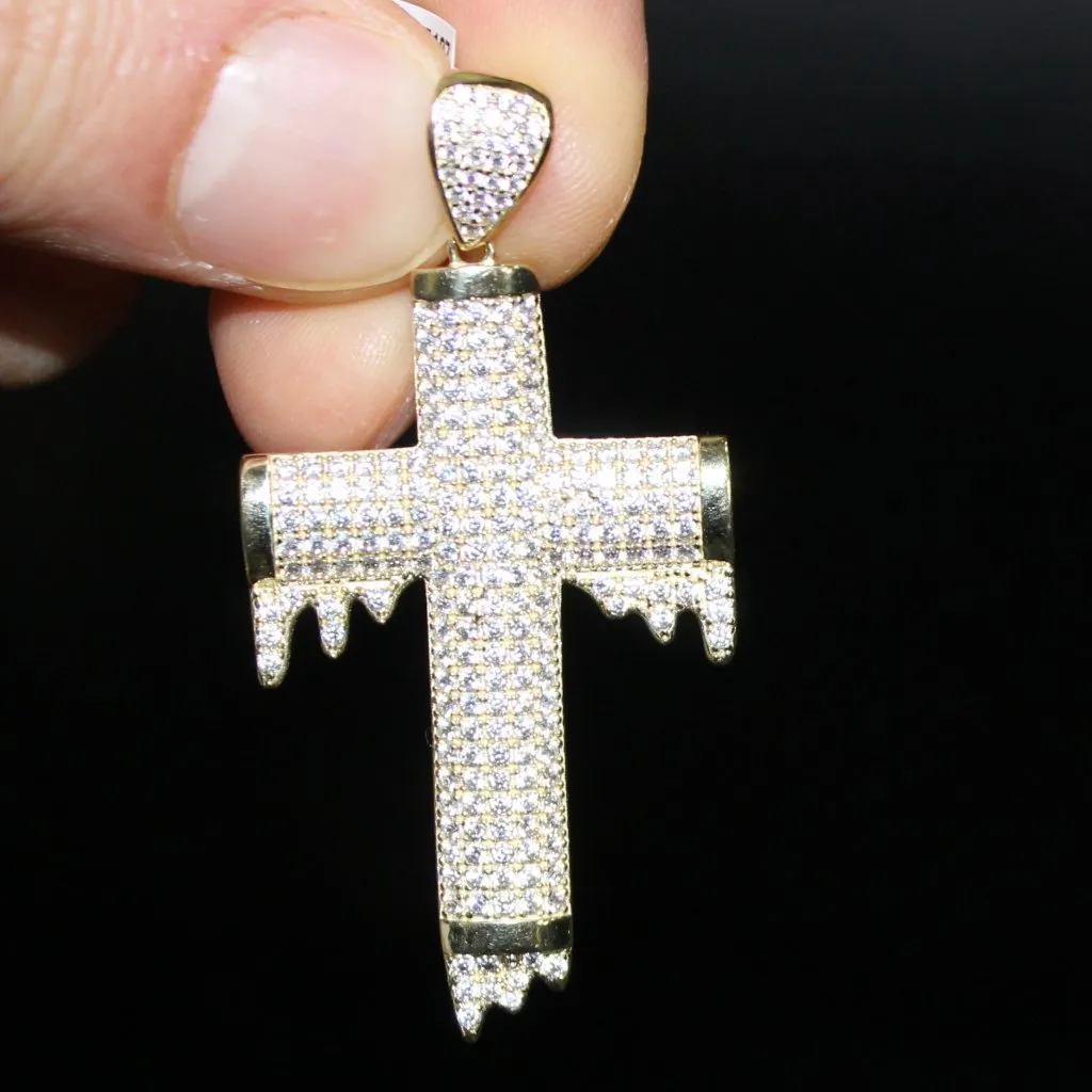 Domed Drip Cross Pendant VVS CZ 10K Yellow Gold