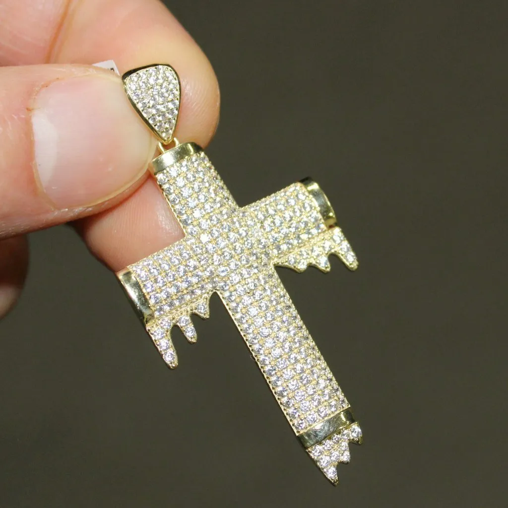 Domed Drip Cross Pendant VVS CZ 10K Yellow Gold