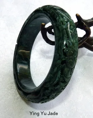 Dynasty Collection-Happiness and Good Things in Life Deep Green Carved Chinese Jade Bangle 56mm (DC116)