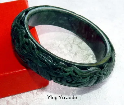 Dynasty Collection-Happiness and Good Things in Life Deep Green Carved Chinese Jade Bangle 56mm (DC116)