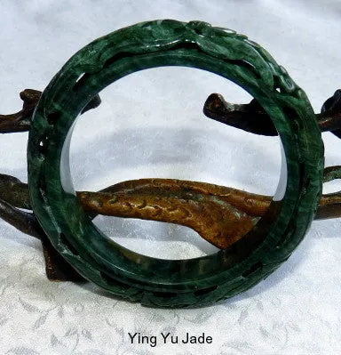 Dynasty Collection-Happiness and Good Things in Life Deep Green Carved Chinese Jade Bangle 56mm (DC116)