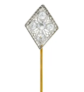 Edwardian 1.00 CTW European Cut Diamond Platinum Cross Stickpin