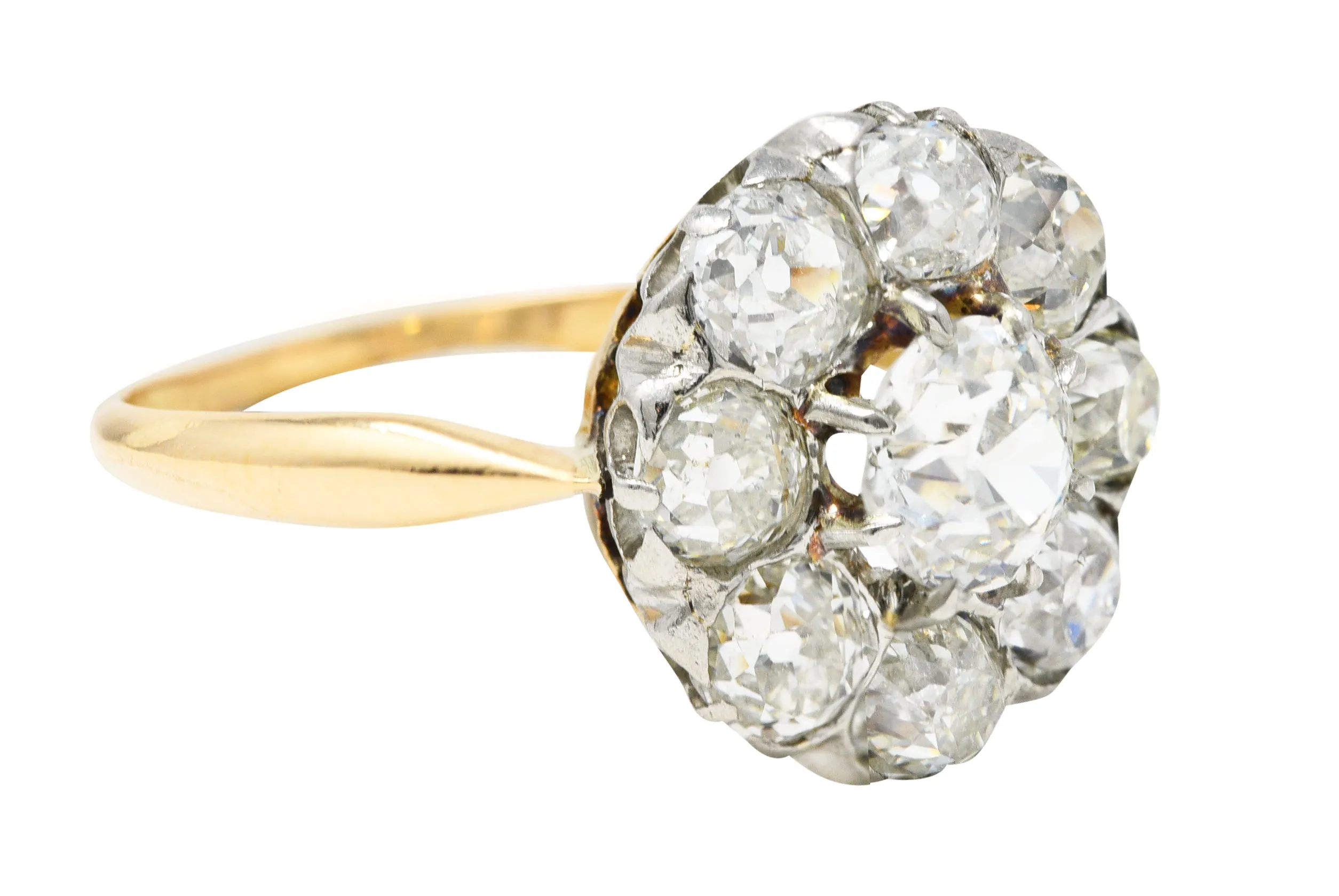 Edwardian 2.40 CTW Old European & Mine Cut Diamond Platinum-Topped 18 Karat Yellow Gold Antique Cluster Engagement Ring