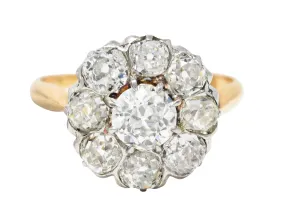 Edwardian 2.40 CTW Old European & Mine Cut Diamond Platinum-Topped 18 Karat Yellow Gold Antique Cluster Engagement Ring