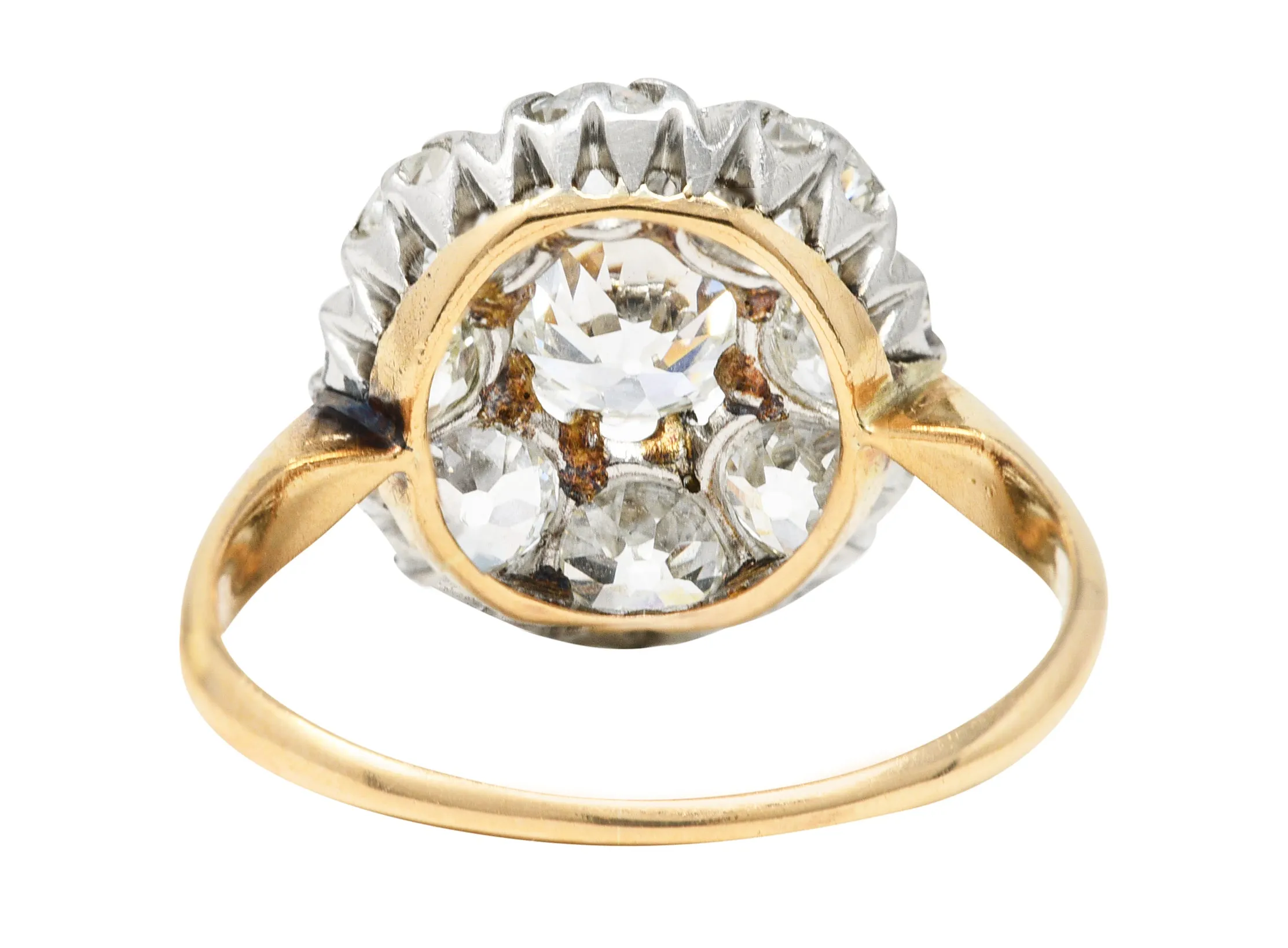 Edwardian 2.40 CTW Old European & Mine Cut Diamond Platinum-Topped 18 Karat Yellow Gold Antique Cluster Engagement Ring