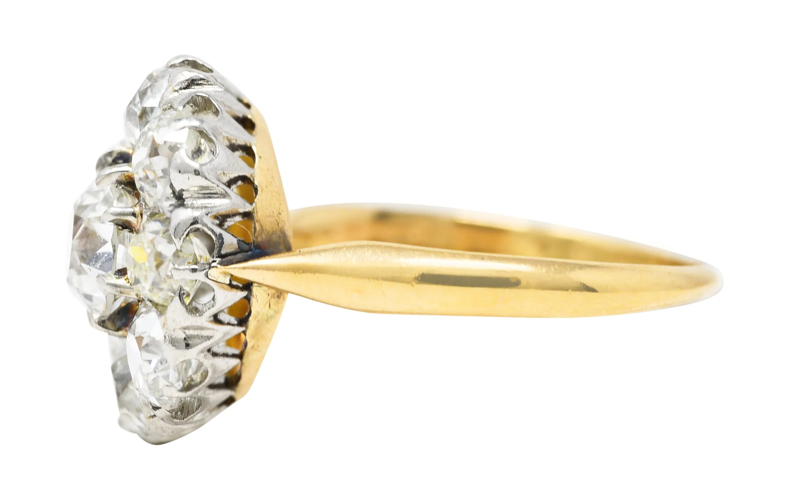 Edwardian 2.40 CTW Old European & Mine Cut Diamond Platinum-Topped 18 Karat Yellow Gold Antique Cluster Engagement Ring