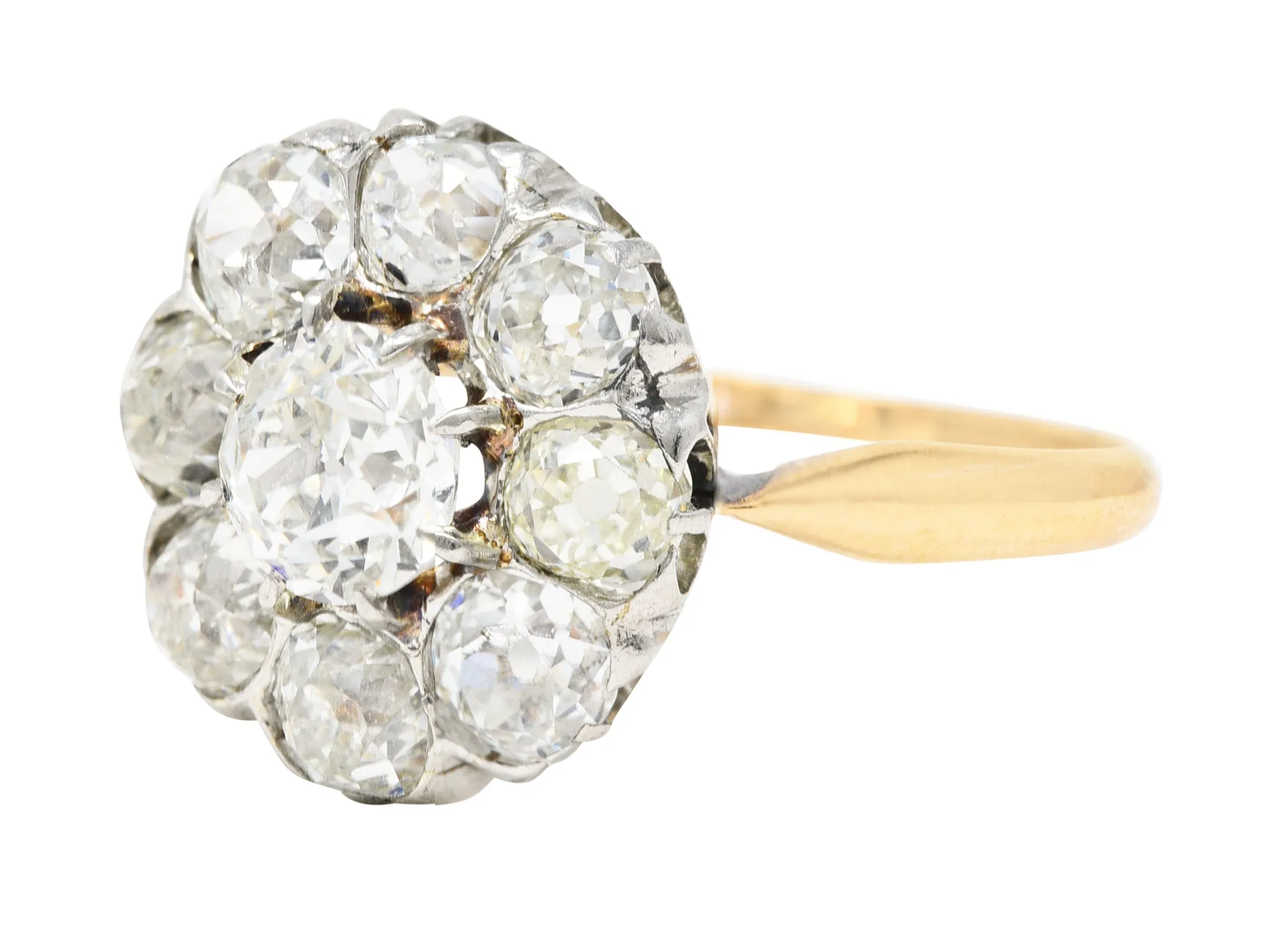 Edwardian 2.40 CTW Old European & Mine Cut Diamond Platinum-Topped 18 Karat Yellow Gold Antique Cluster Engagement Ring