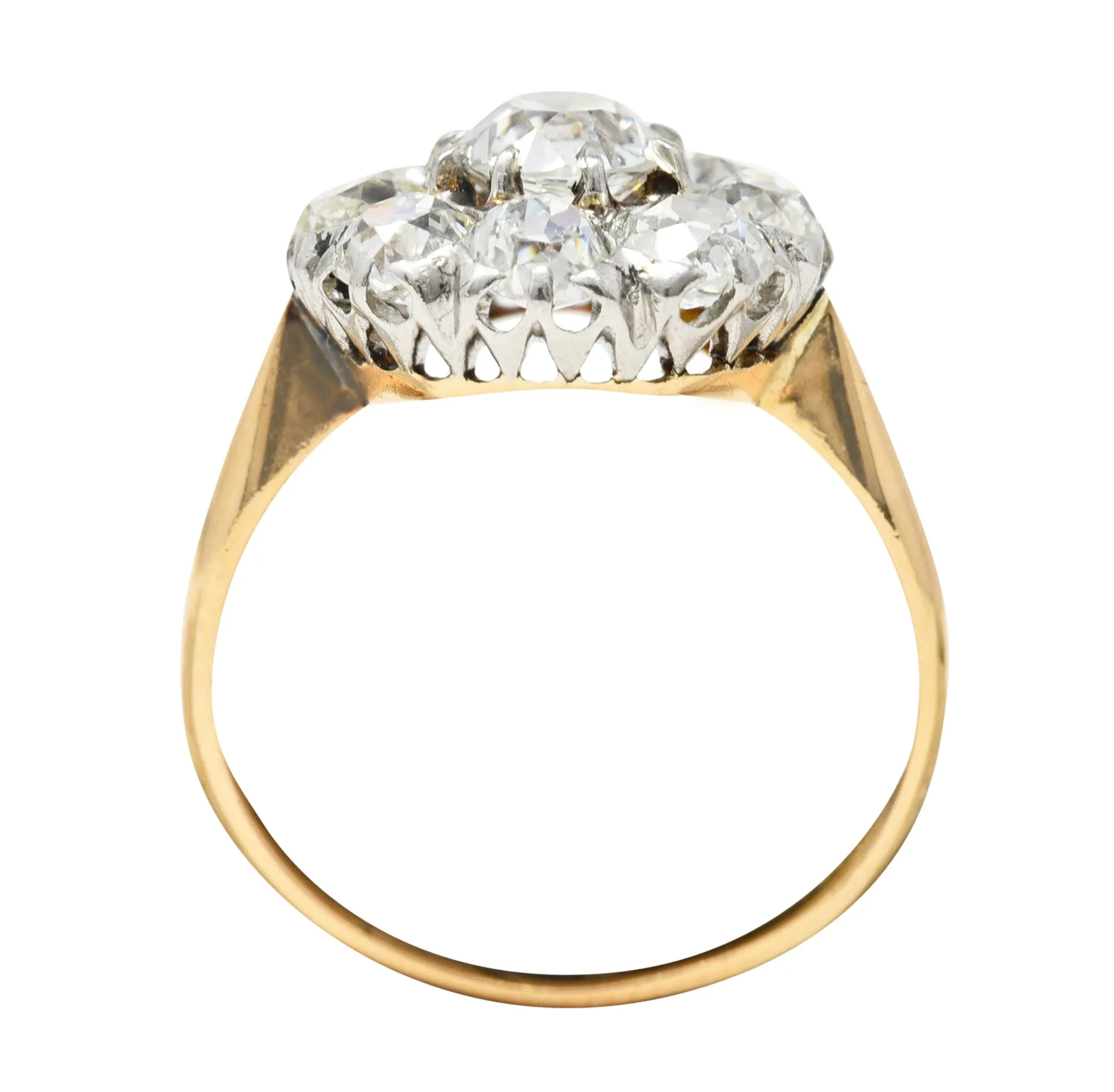 Edwardian 2.40 CTW Old European & Mine Cut Diamond Platinum-Topped 18 Karat Yellow Gold Antique Cluster Engagement Ring