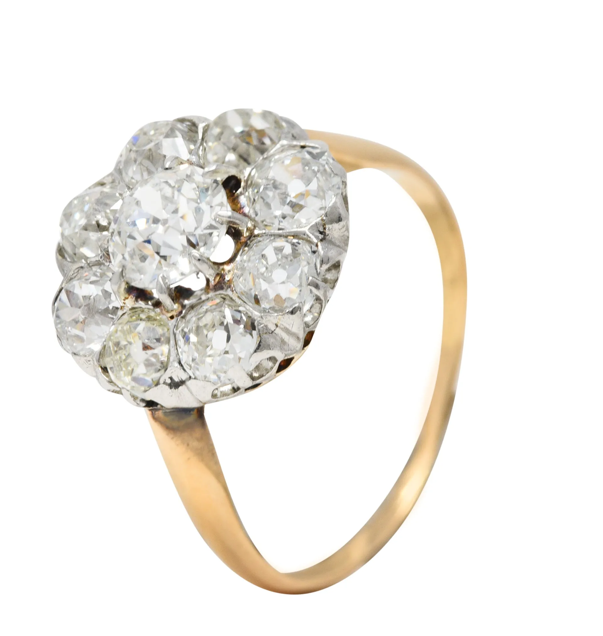 Edwardian 2.40 CTW Old European & Mine Cut Diamond Platinum-Topped 18 Karat Yellow Gold Antique Cluster Engagement Ring