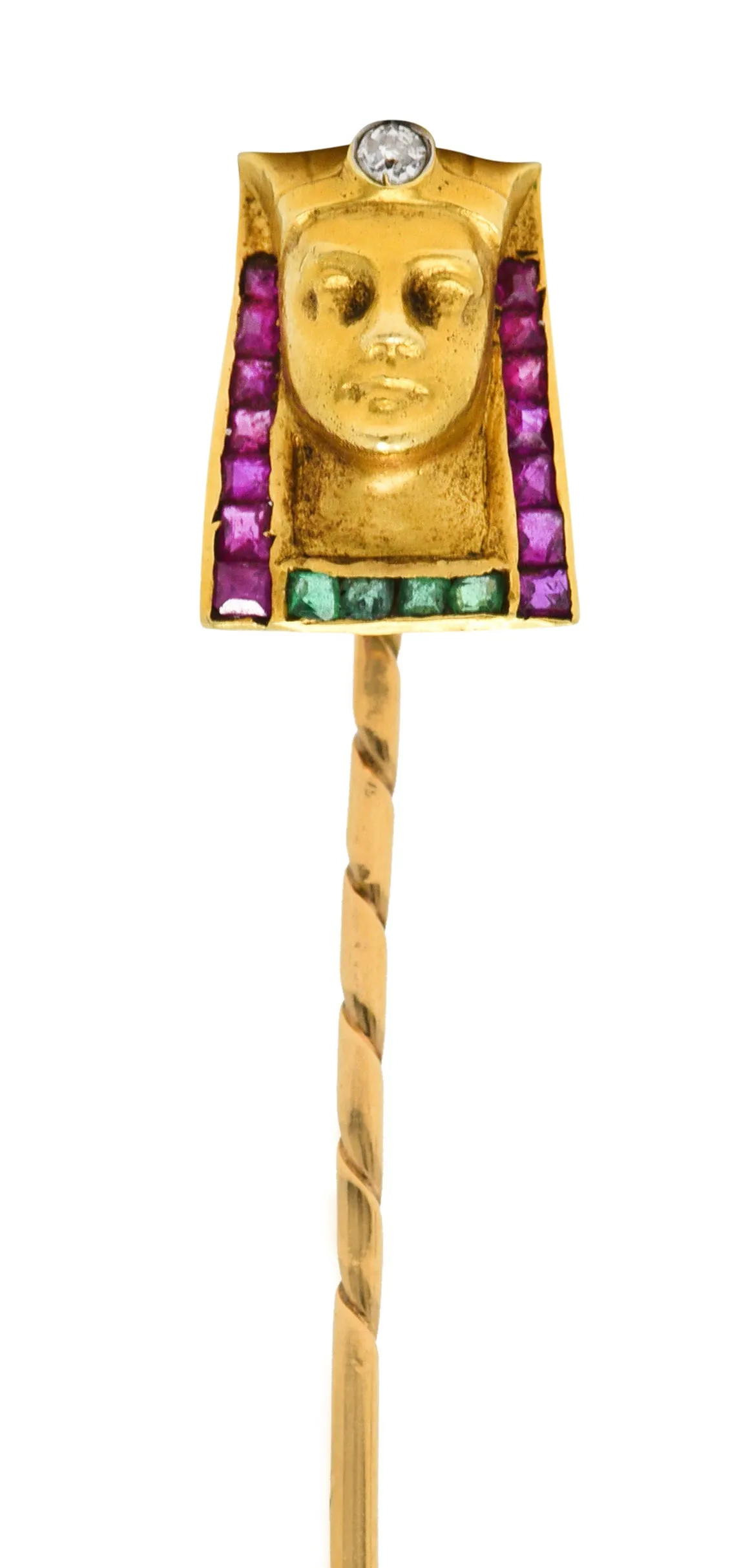 Egyptian Revival Diamond Ruby Emerald 18 Karat Gold Pharaoh Stickpin