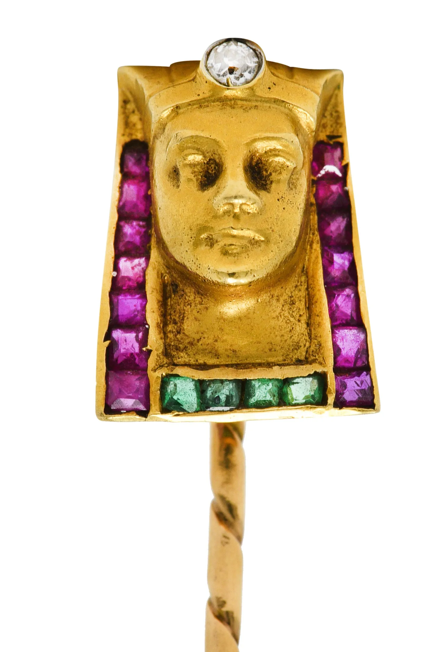 Egyptian Revival Diamond Ruby Emerald 18 Karat Gold Pharaoh Stickpin