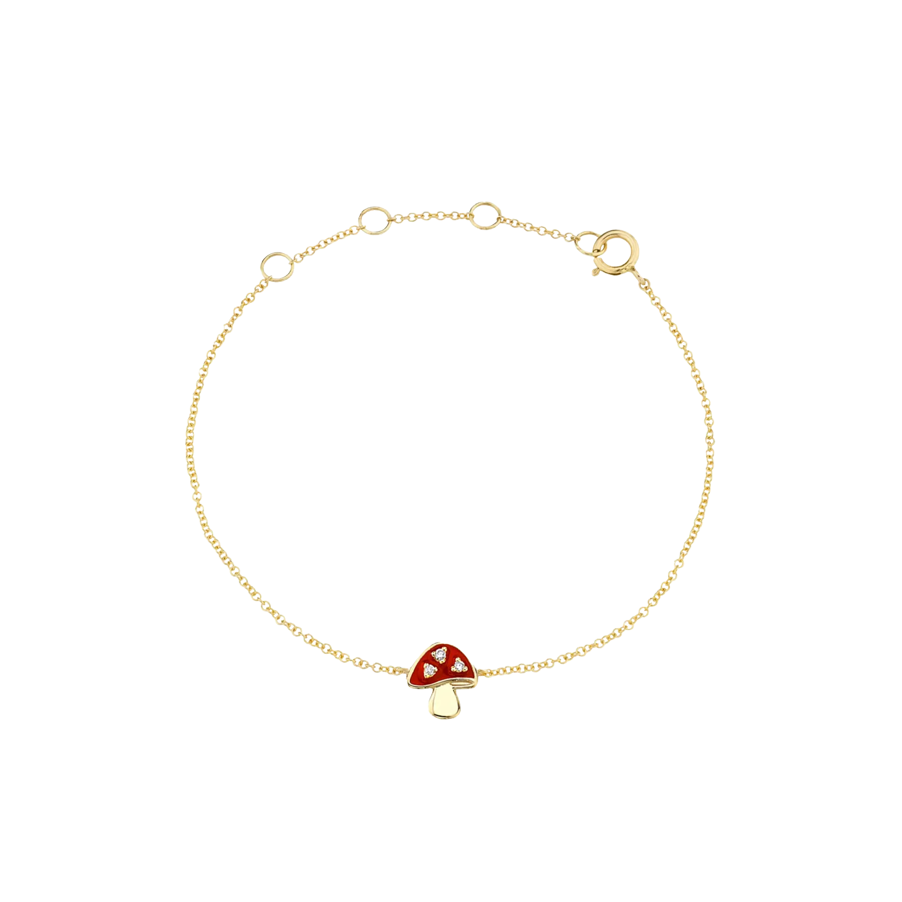 Enamel Charm Bracelet - White Diamond and Mushroom / 14k Yellow Gold