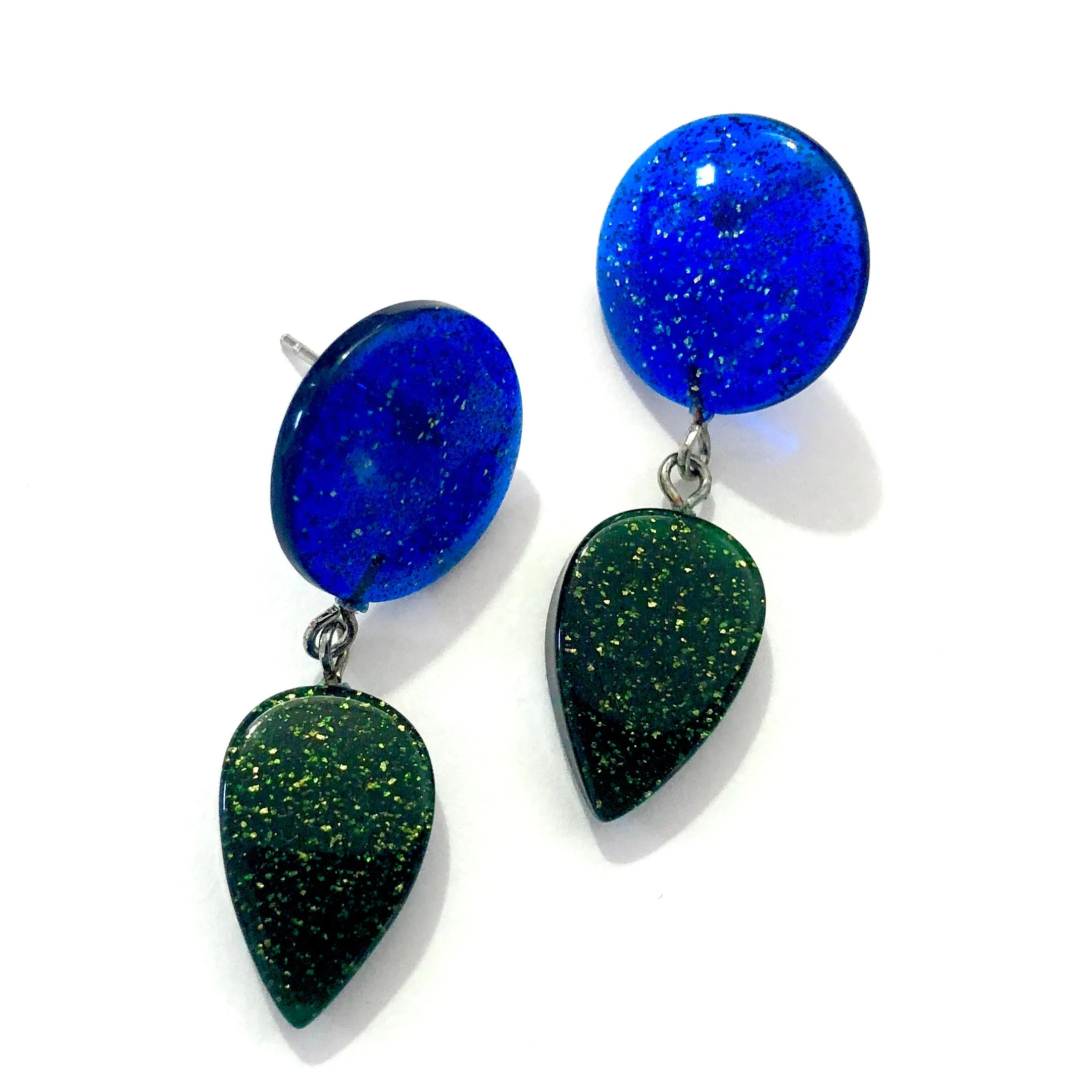 Evergreen & Blue Sparkled Drop Statement Earrings