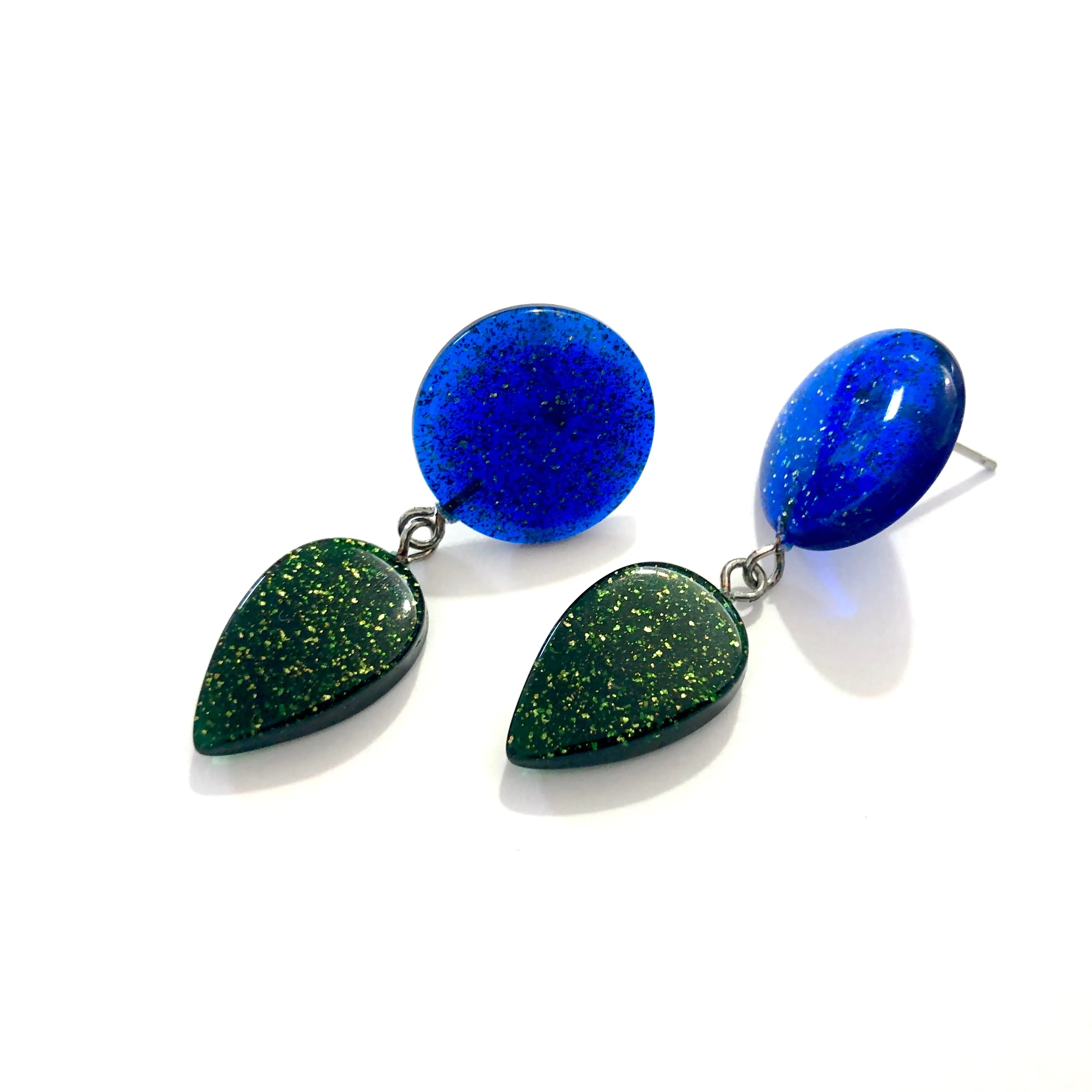 Evergreen & Blue Sparkled Drop Statement Earrings