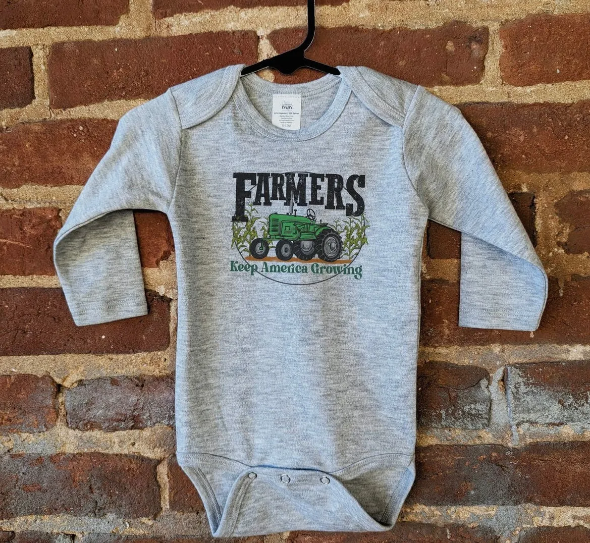 Farmers Keep America Growing Green Farm Tractor Long Sleeve Onesie