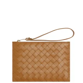 Flat Wristlet Pouch Intrecciato, Caramel