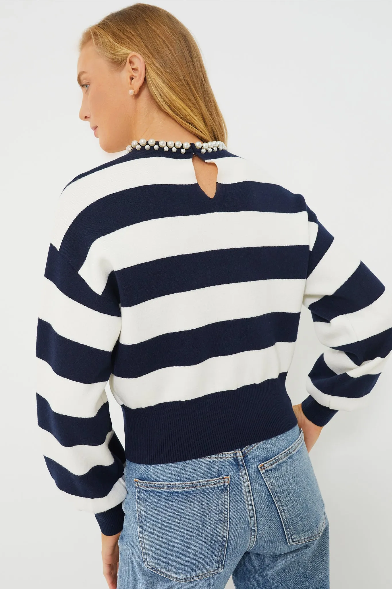 French Navy Awning Stripe Pearl Sweater