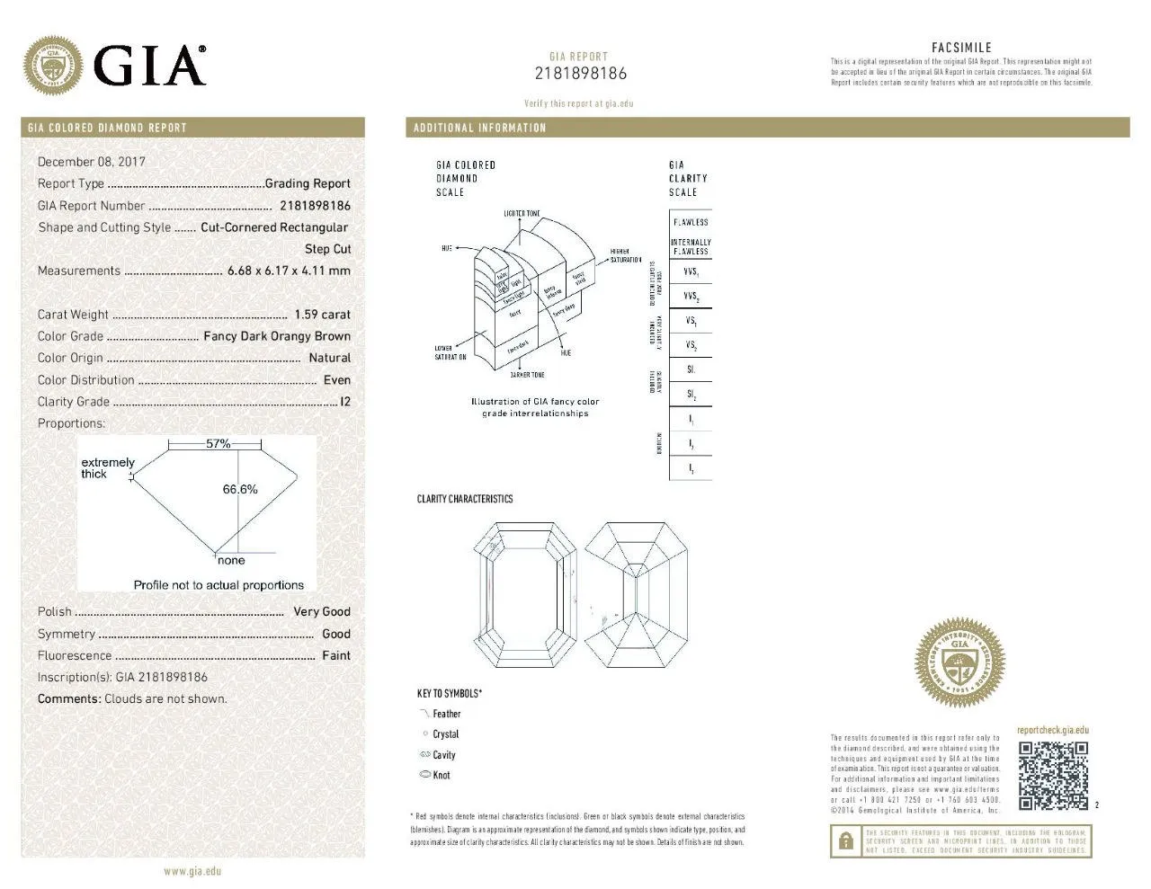 GIA CERTIFIED Natural Loose Diamond Emerald Orangy Brown Color I2 Clarity 6.68 MM 1.59 Ct L2468