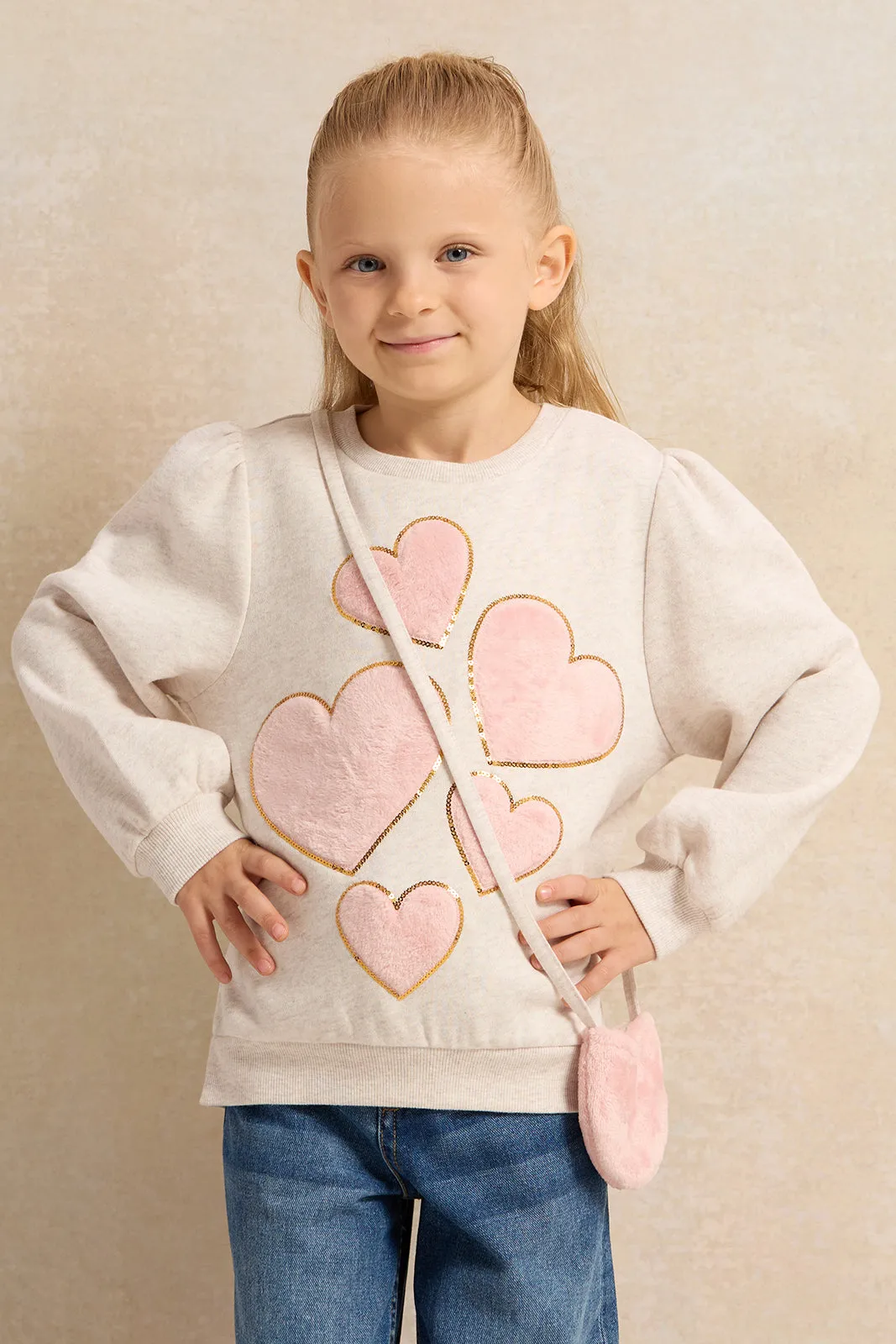 Girls Ecru Heart Embellishment Sweatshirt With Handbag (2 Piece)