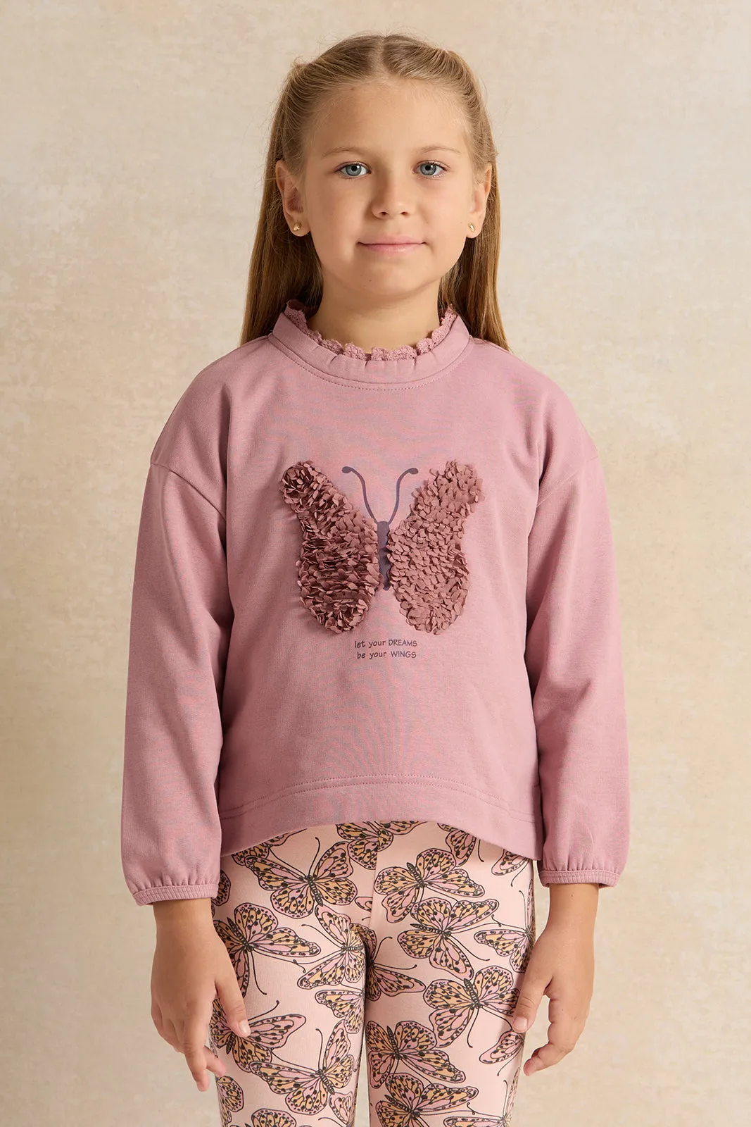 Girls Pink 3D Butterfly Embellishment Sweatshirt