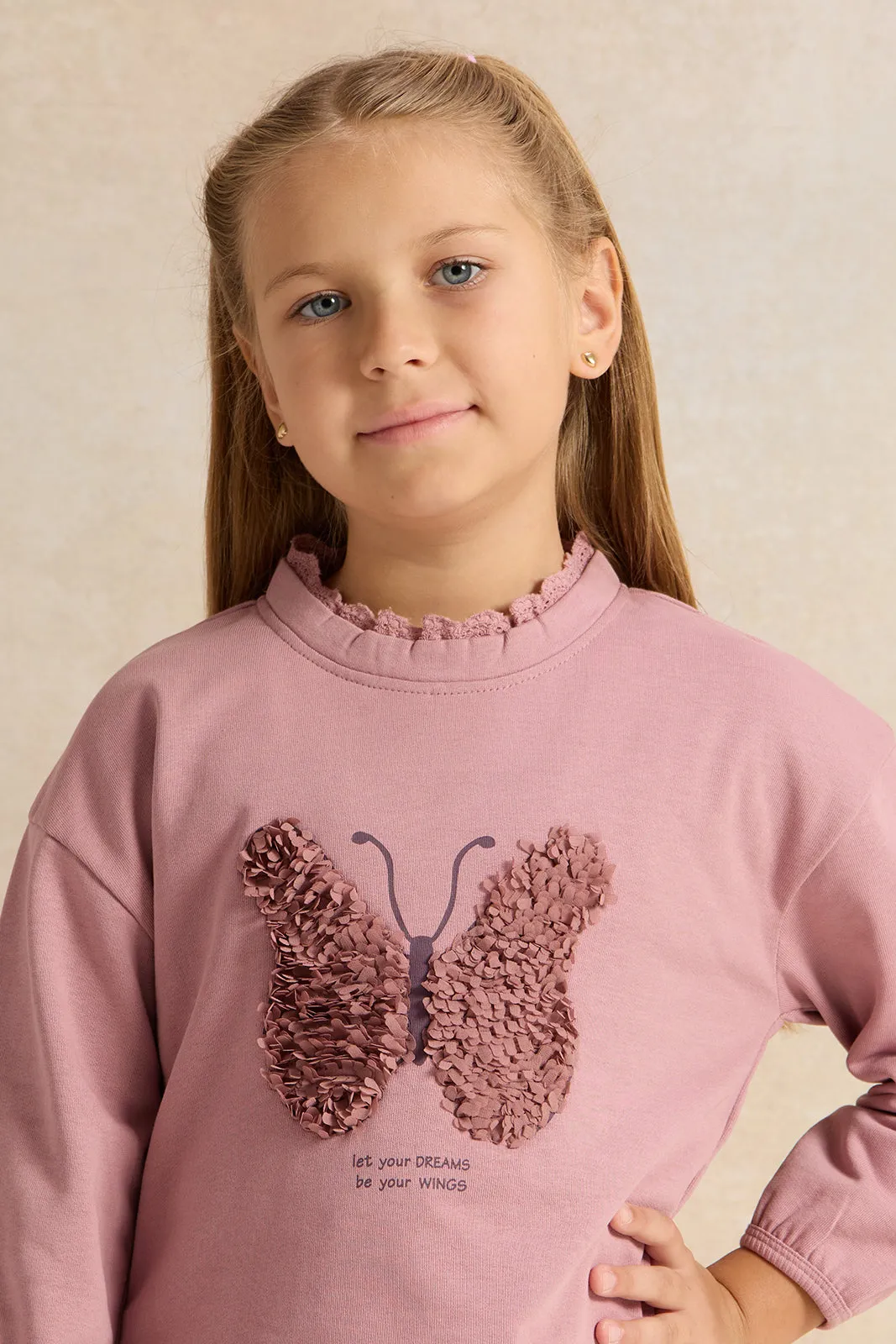 Girls Pink 3D Butterfly Embellishment Sweatshirt