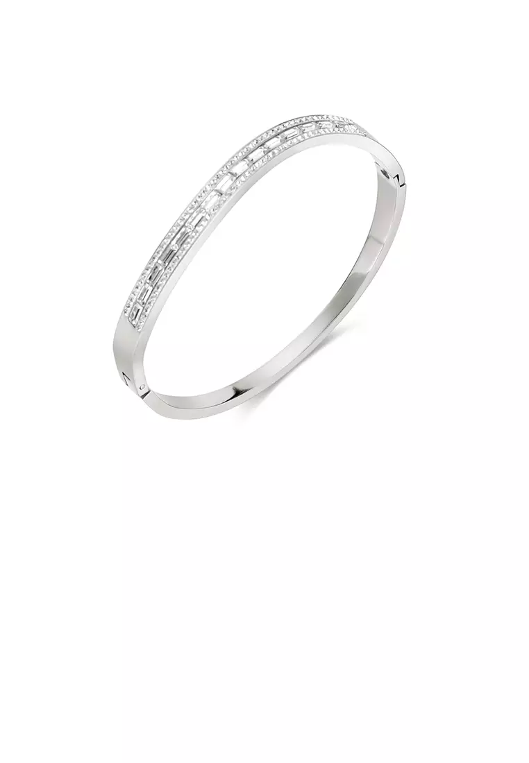 Glamorousky Fashion Personality 316L Stainless Steel Irregular Geometric Bangle with Cubic Zirconia